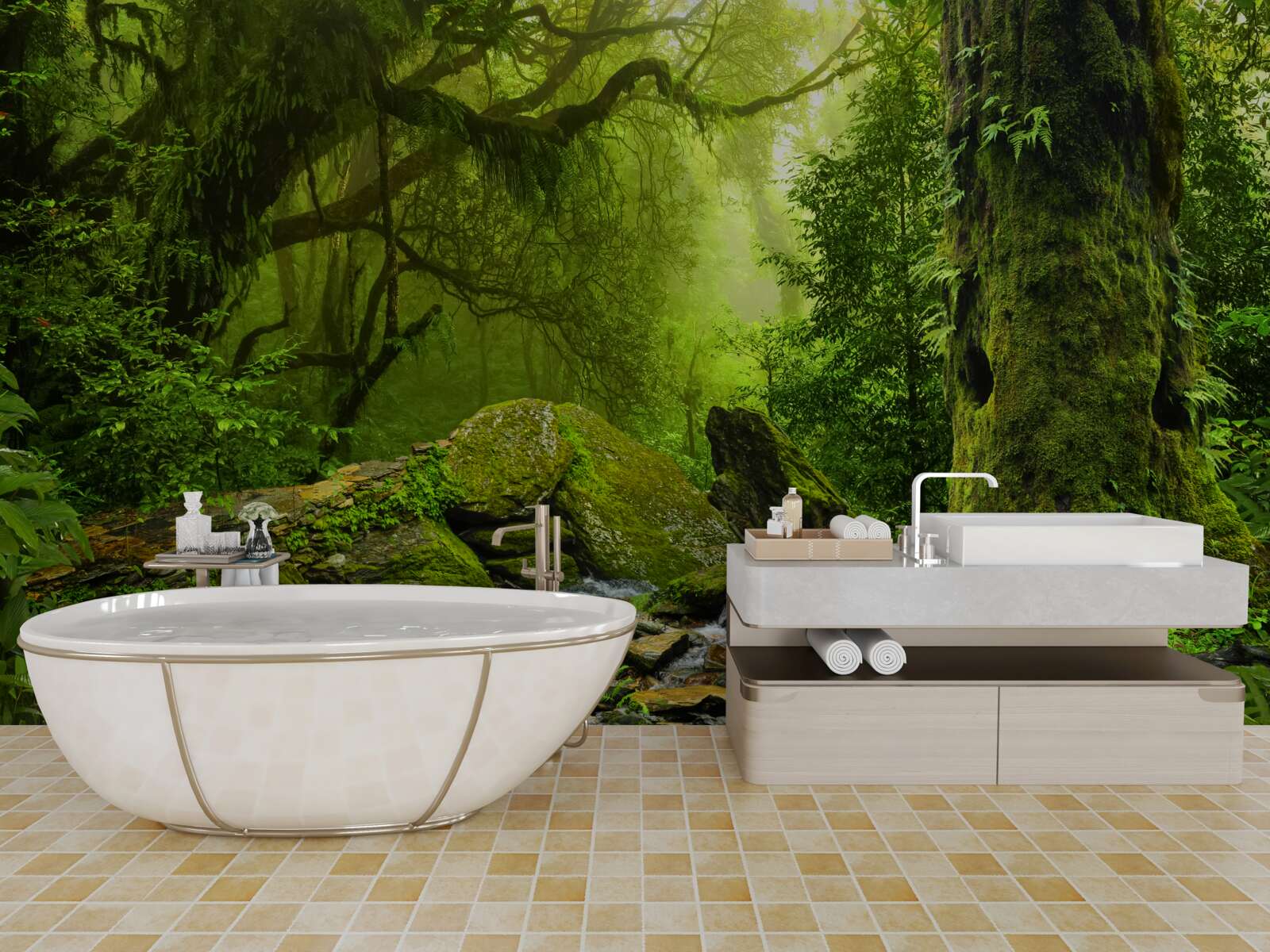 Фотошпалери зелений ліс з водоспадом