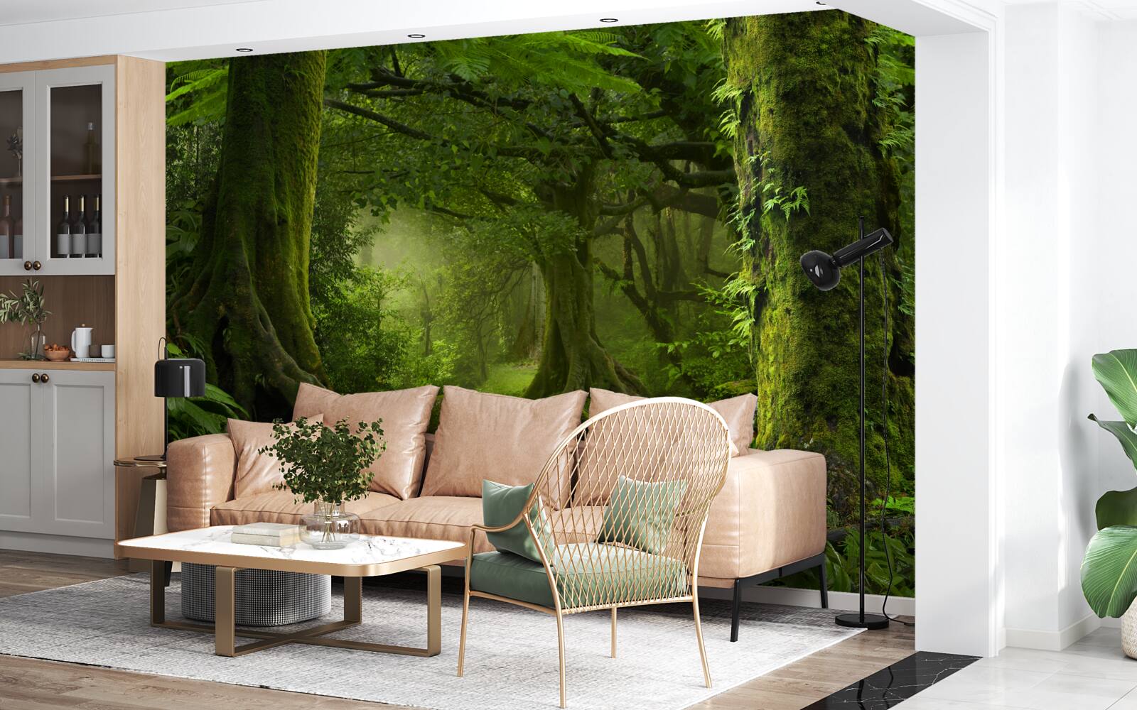 Фотошпалери каскад в оточенні зеленого листяного лісу