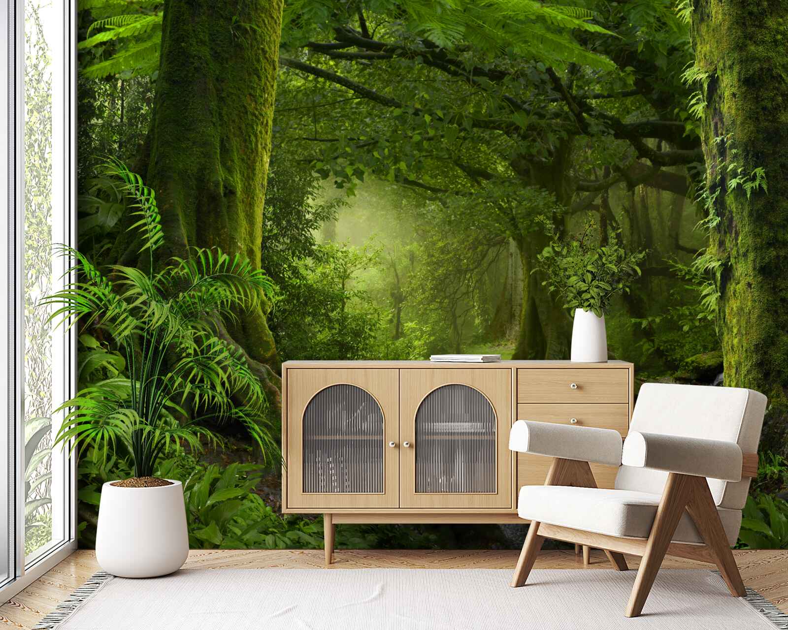 Фотошпалери каскад в оточенні зеленого листяного лісу