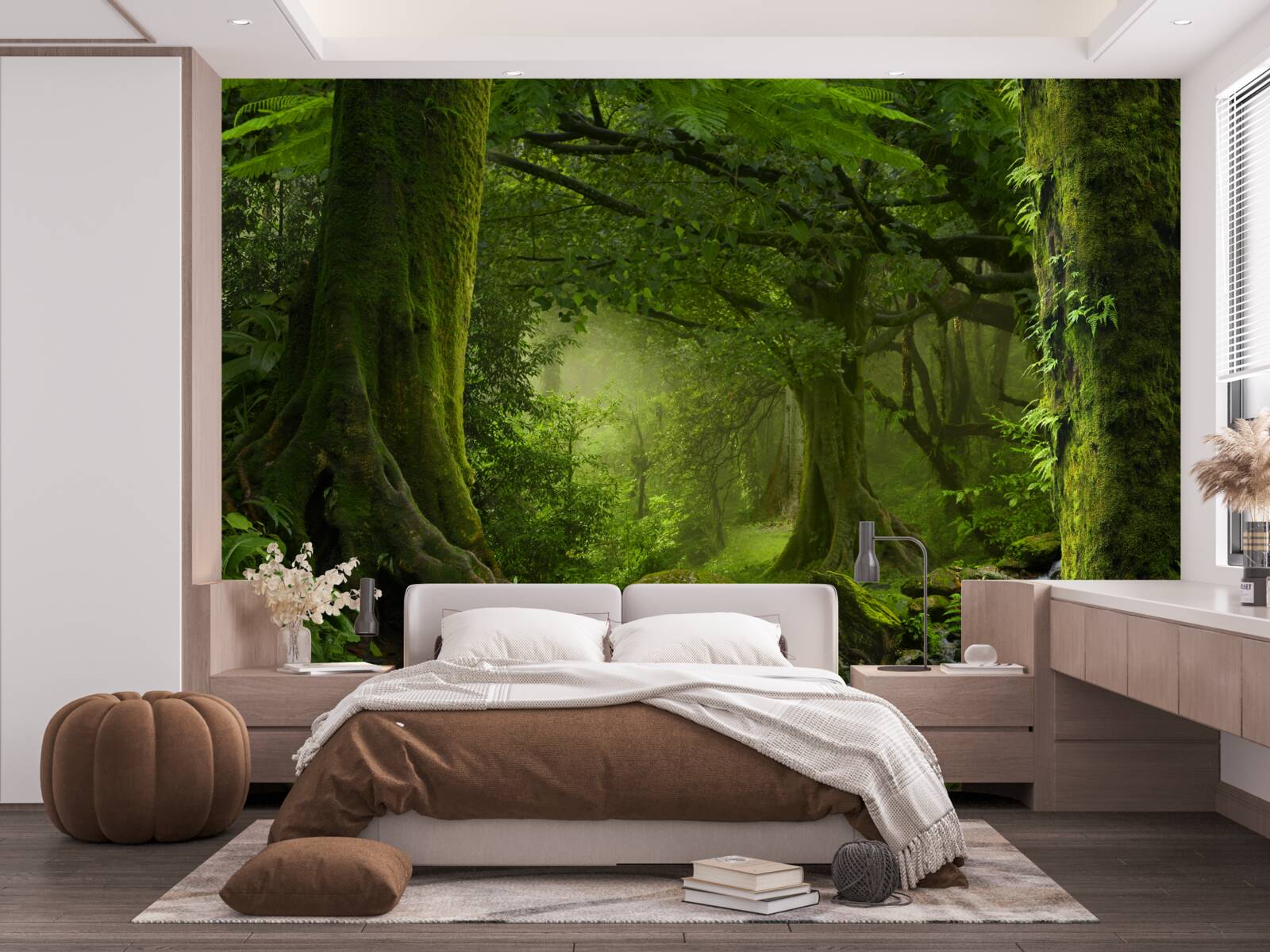 Фотошпалери каскад в оточенні зеленого листяного лісу