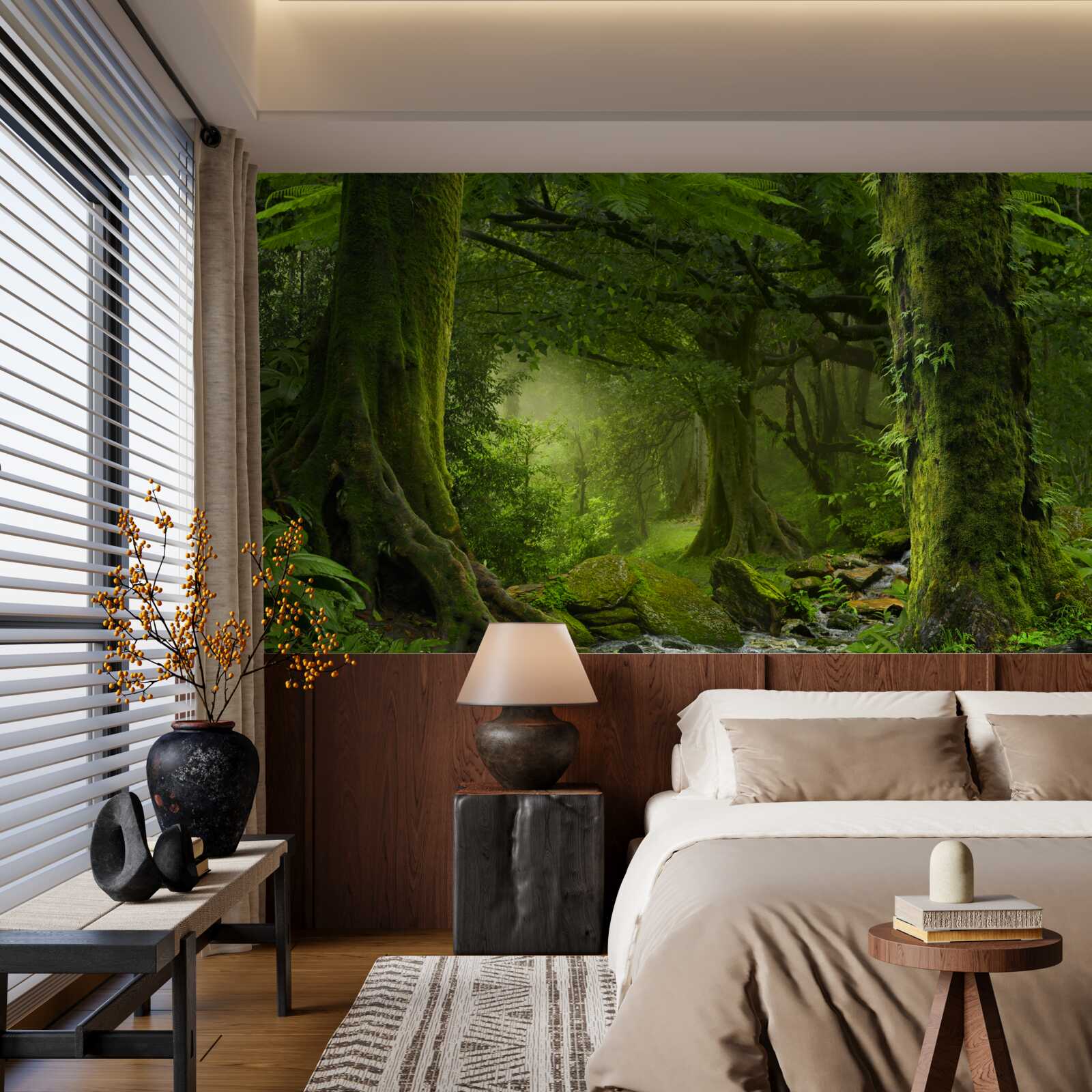 Фотошпалери каскад в оточенні зеленого листяного лісу