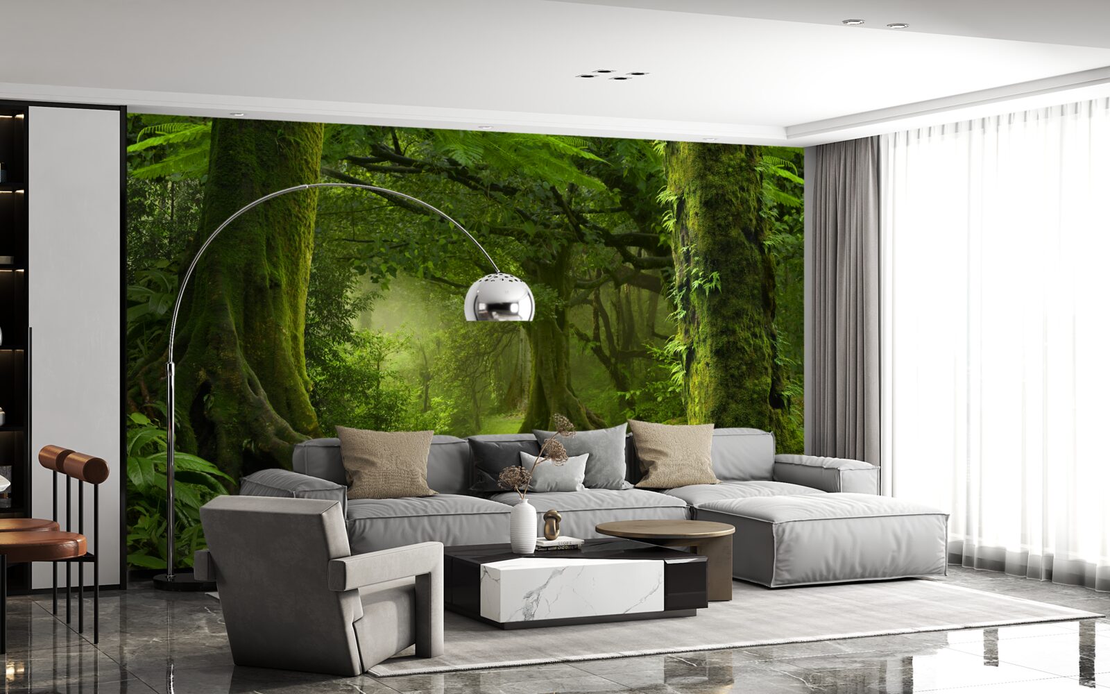 Фотошпалери каскад в оточенні зеленого листяного лісу