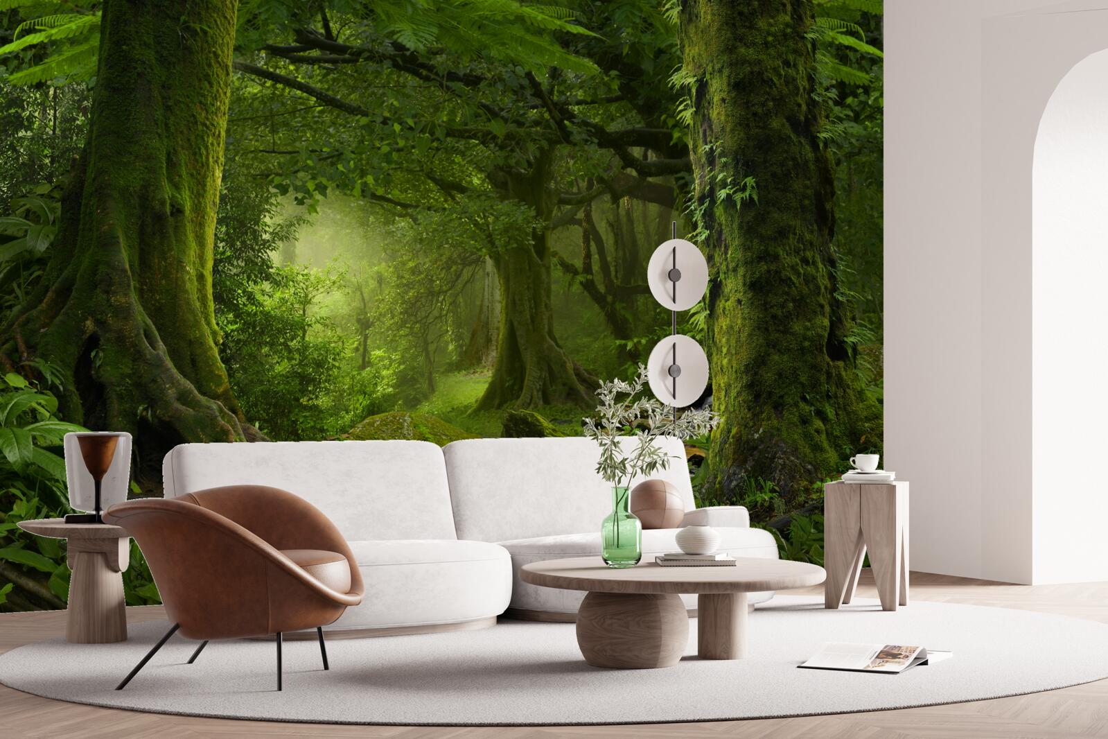 Фотошпалери каскад в оточенні зеленого листяного лісу