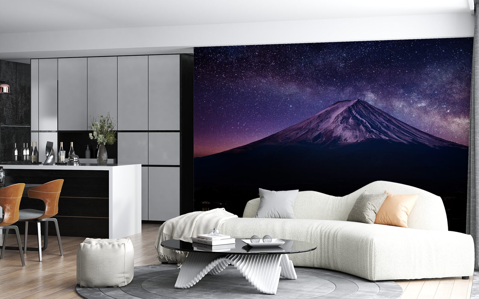 Фотошпалери зоряне небо з фіолетовим відтінком над гірською вершиною