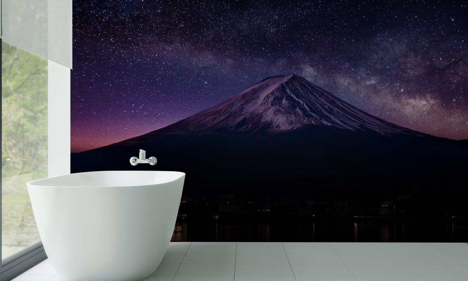 Фотошпалери зоряне небо з фіолетовим відтінком над гірською вершиною