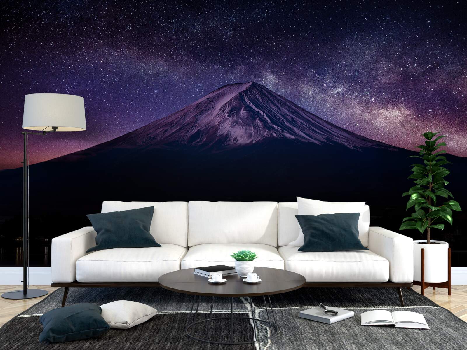 Фотошпалери зоряне небо з фіолетовим відтінком над гірською вершиною