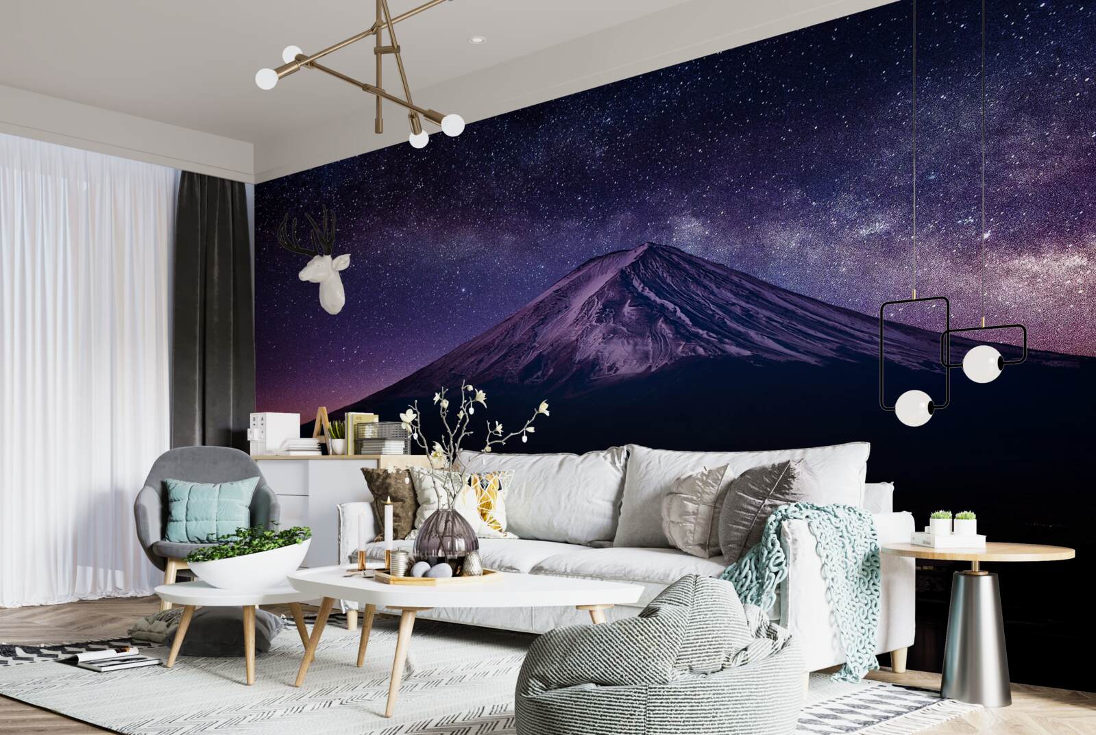 Фотошпалери зоряне небо з фіолетовим відтінком над гірською вершиною