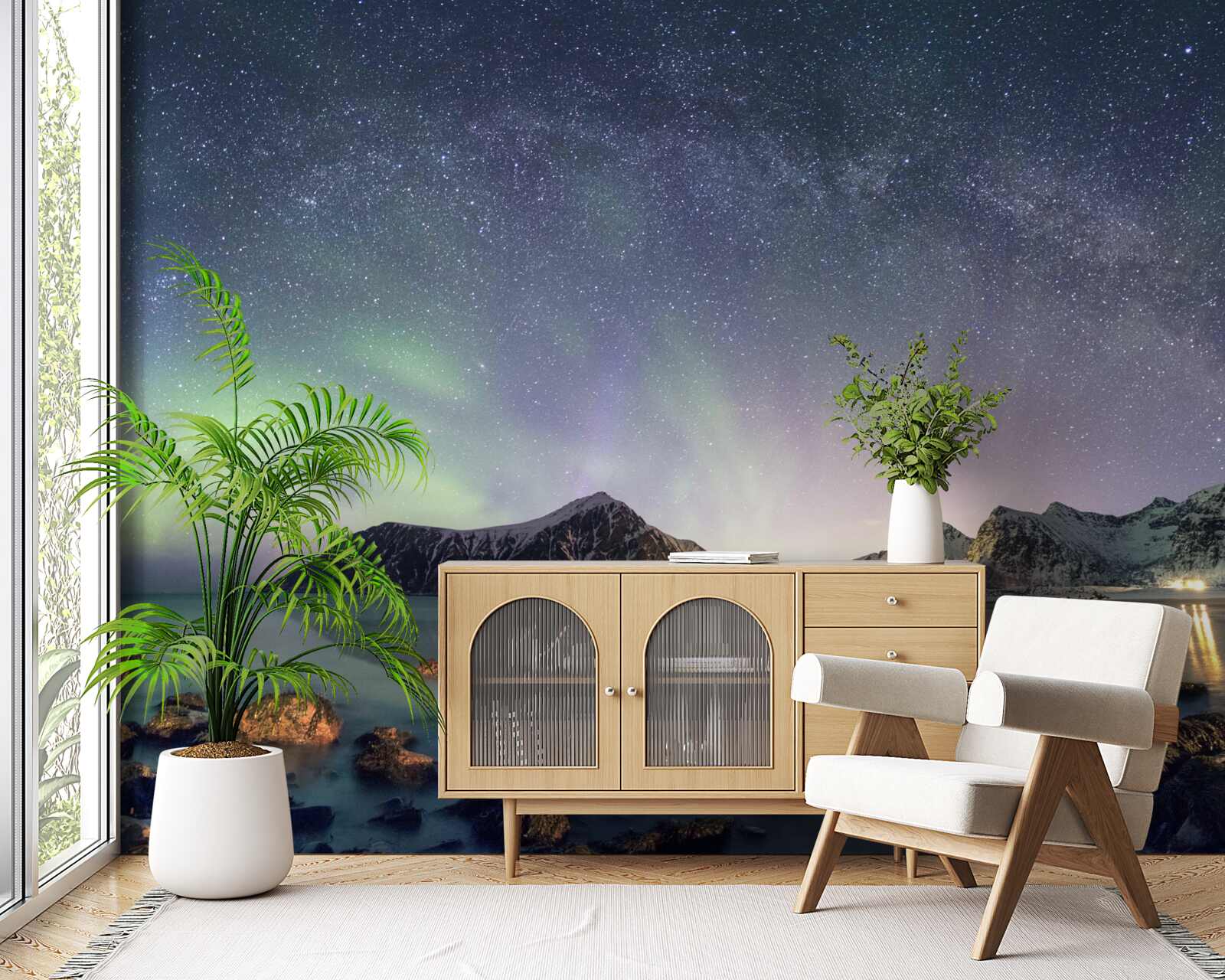 Фотошпалери нічне небо, прикрашене зірками та осяяне полярним сяйвом