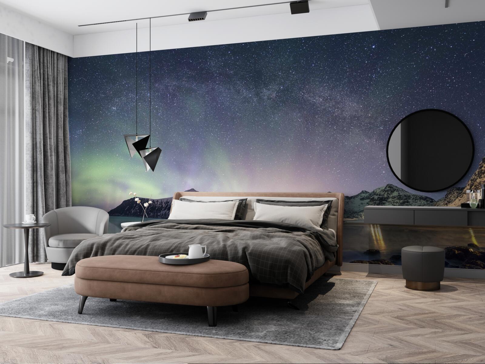 Фотошпалери нічне небо, прикрашене зірками та осяяне полярним сяйвом