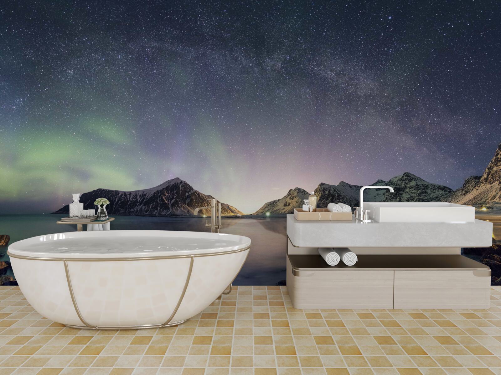 Фотошпалери нічне небо, прикрашене зірками та осяяне полярним сяйвом