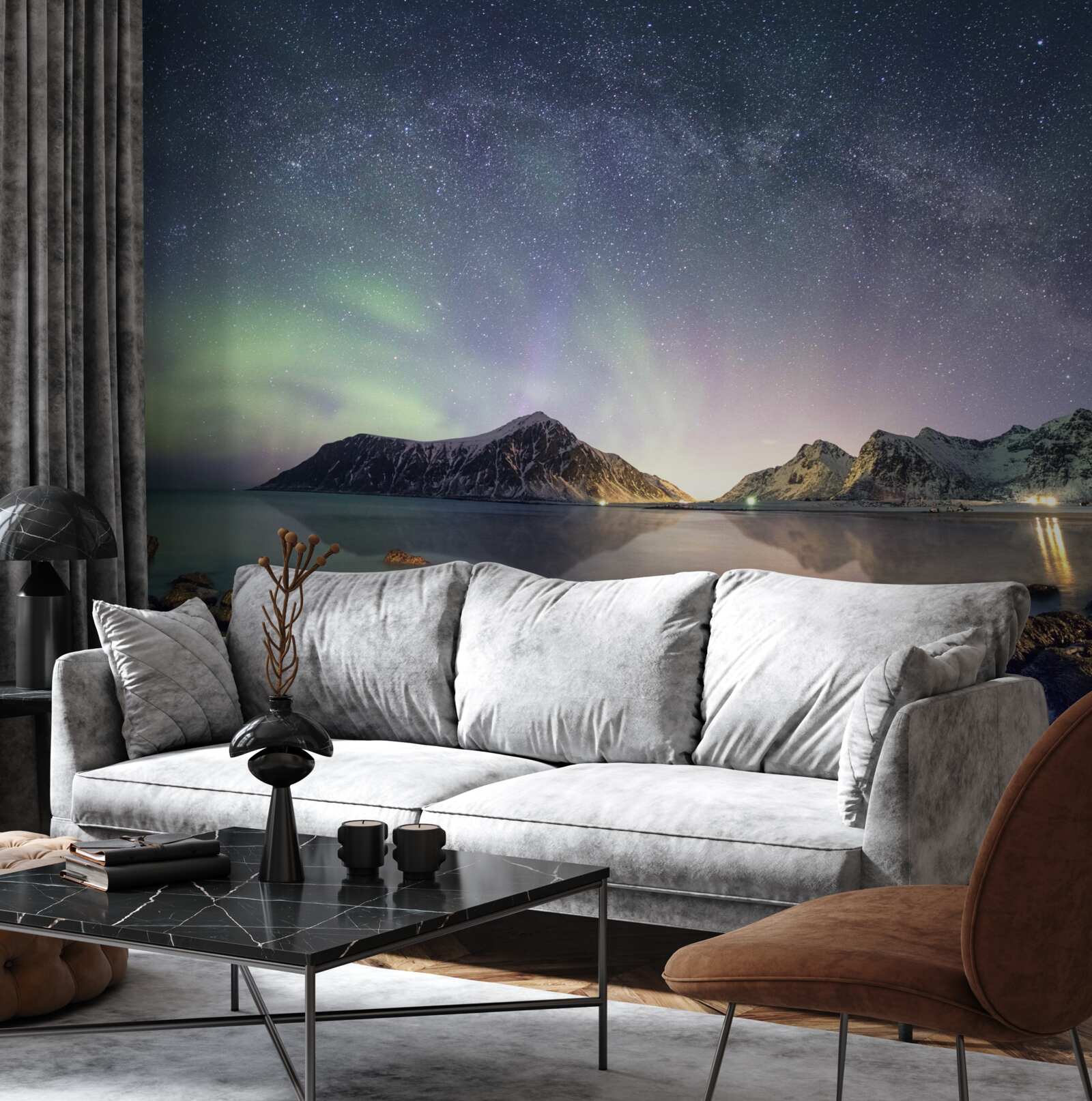 Фотошпалери нічне небо, прикрашене зірками та осяяне полярним сяйвом