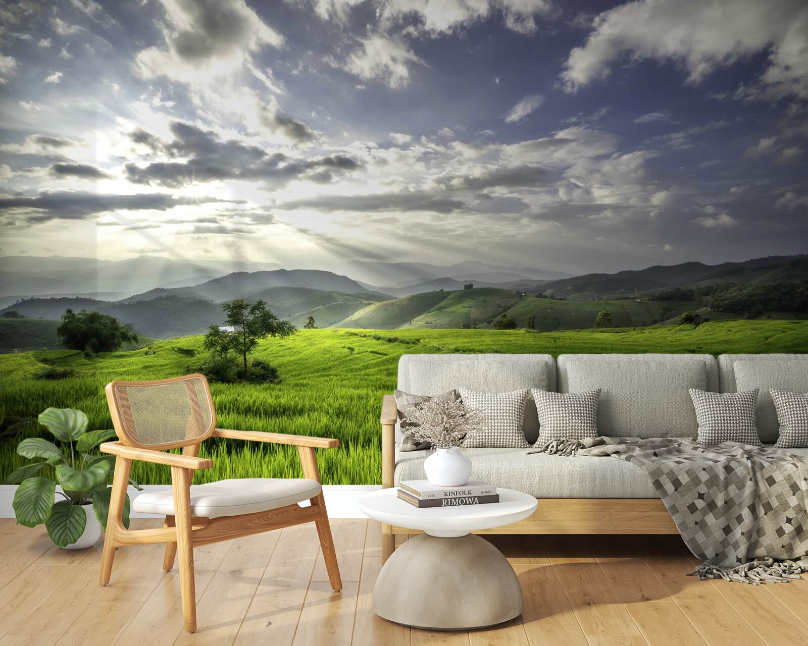 Фотошпалери галявина, що потопає в зелені гір, освітлена сонячними променями