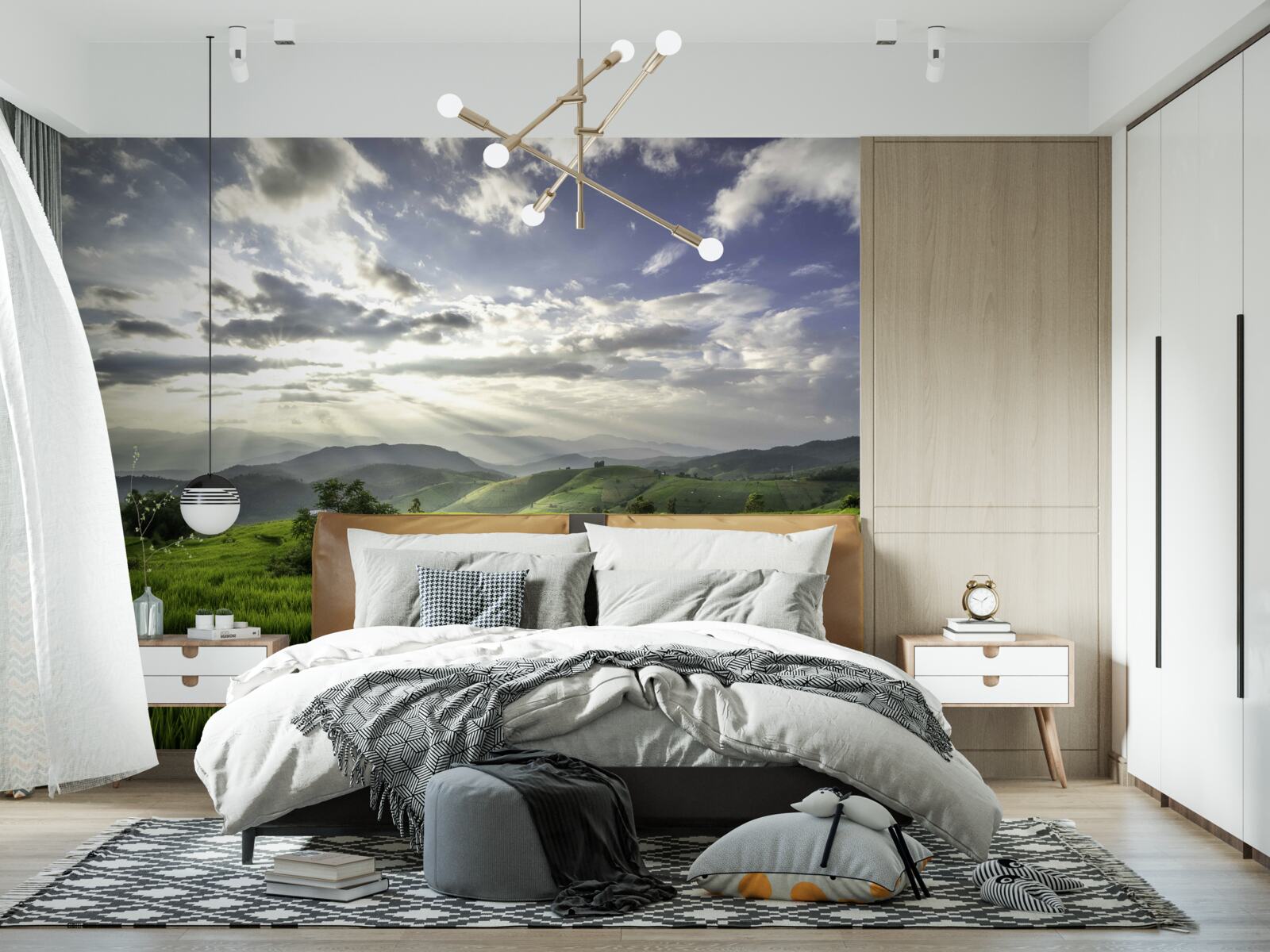 Фотошпалери галявина, що потопає в зелені гір, освітлена сонячними променями