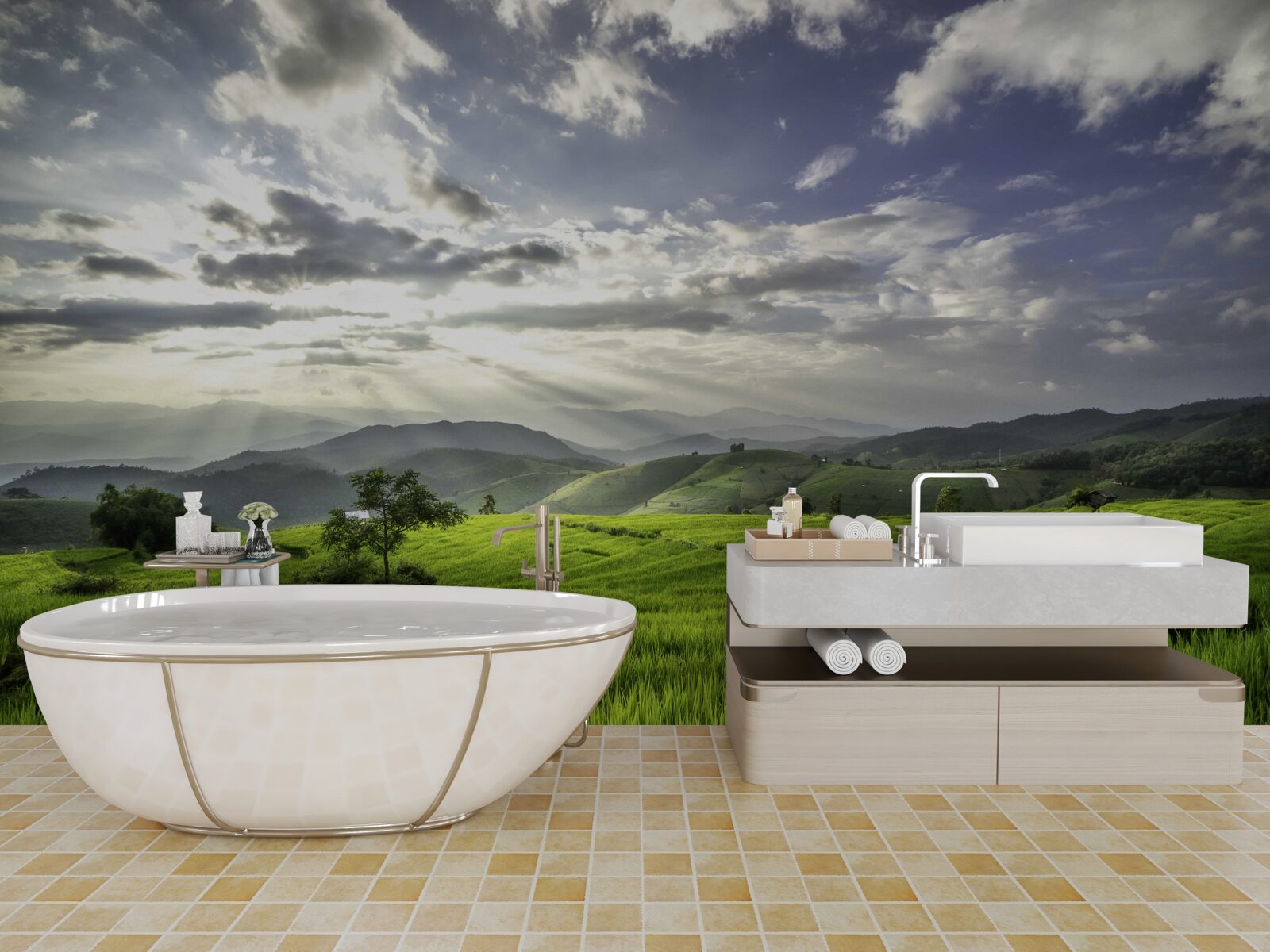 Фотошпалери галявина, що потопає в зелені гір, освітлена сонячними променями