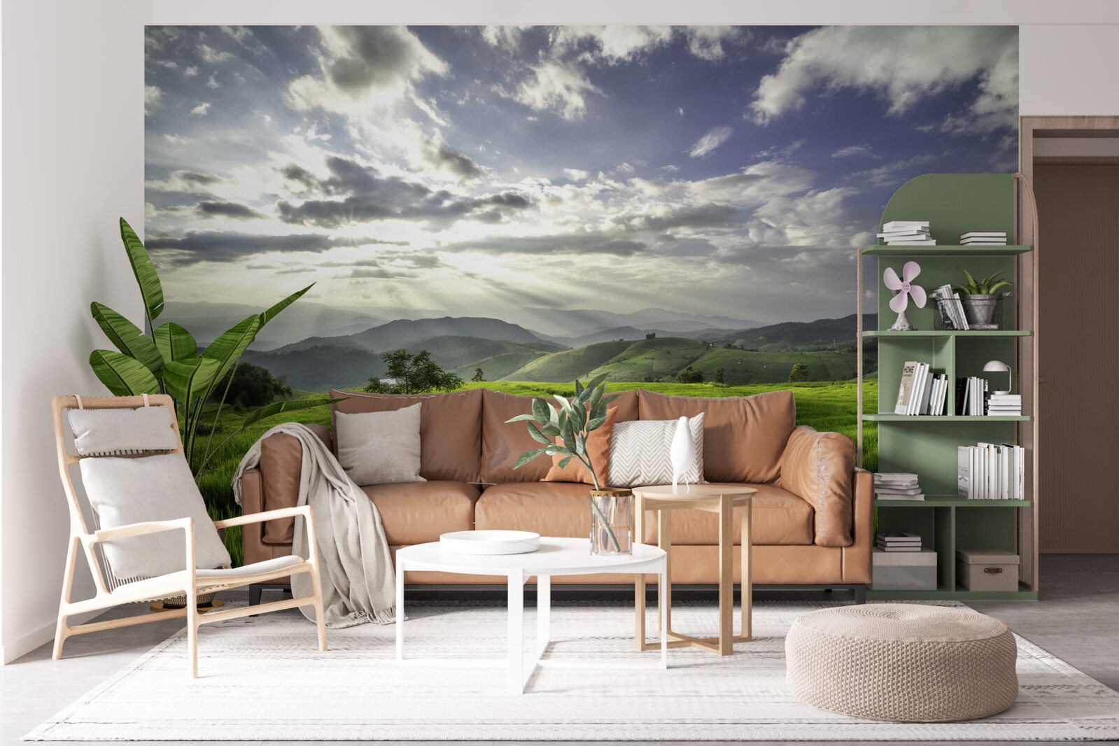 Фотошпалери галявина, що потопає в зелені гір, освітлена сонячними променями