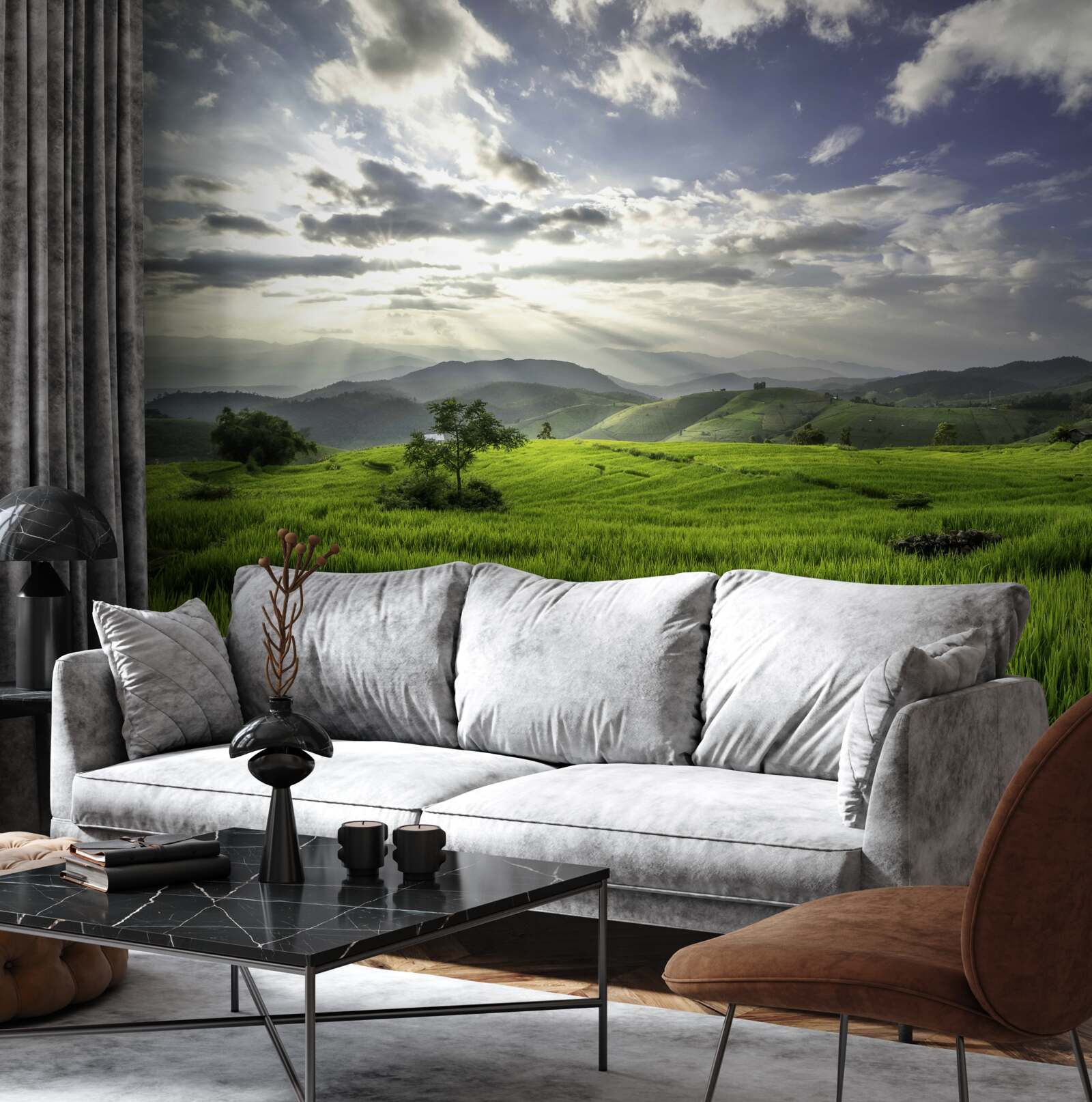 Фотошпалери галявина, що потопає в зелені гір, освітлена сонячними променями