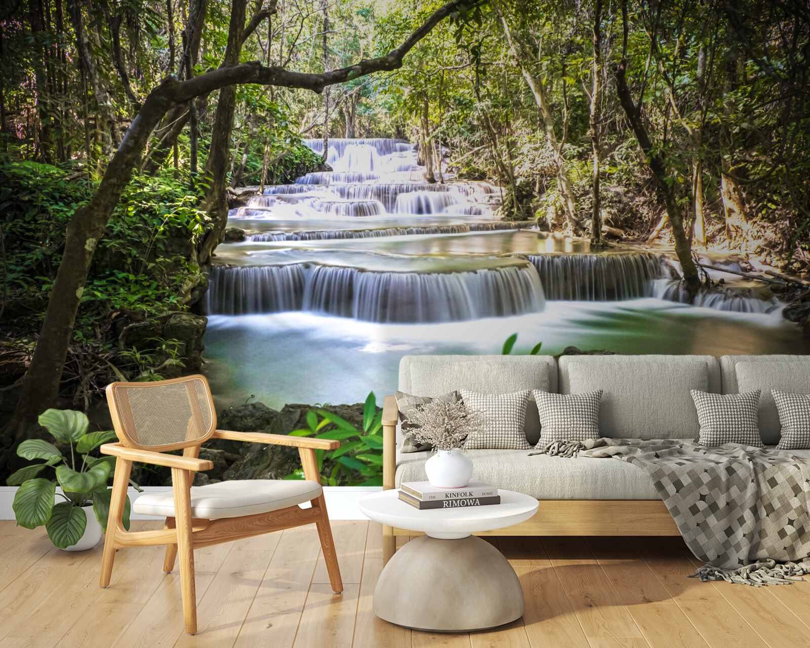 Фотошпалери лісові водоспади, що каскадом спадають на світанку