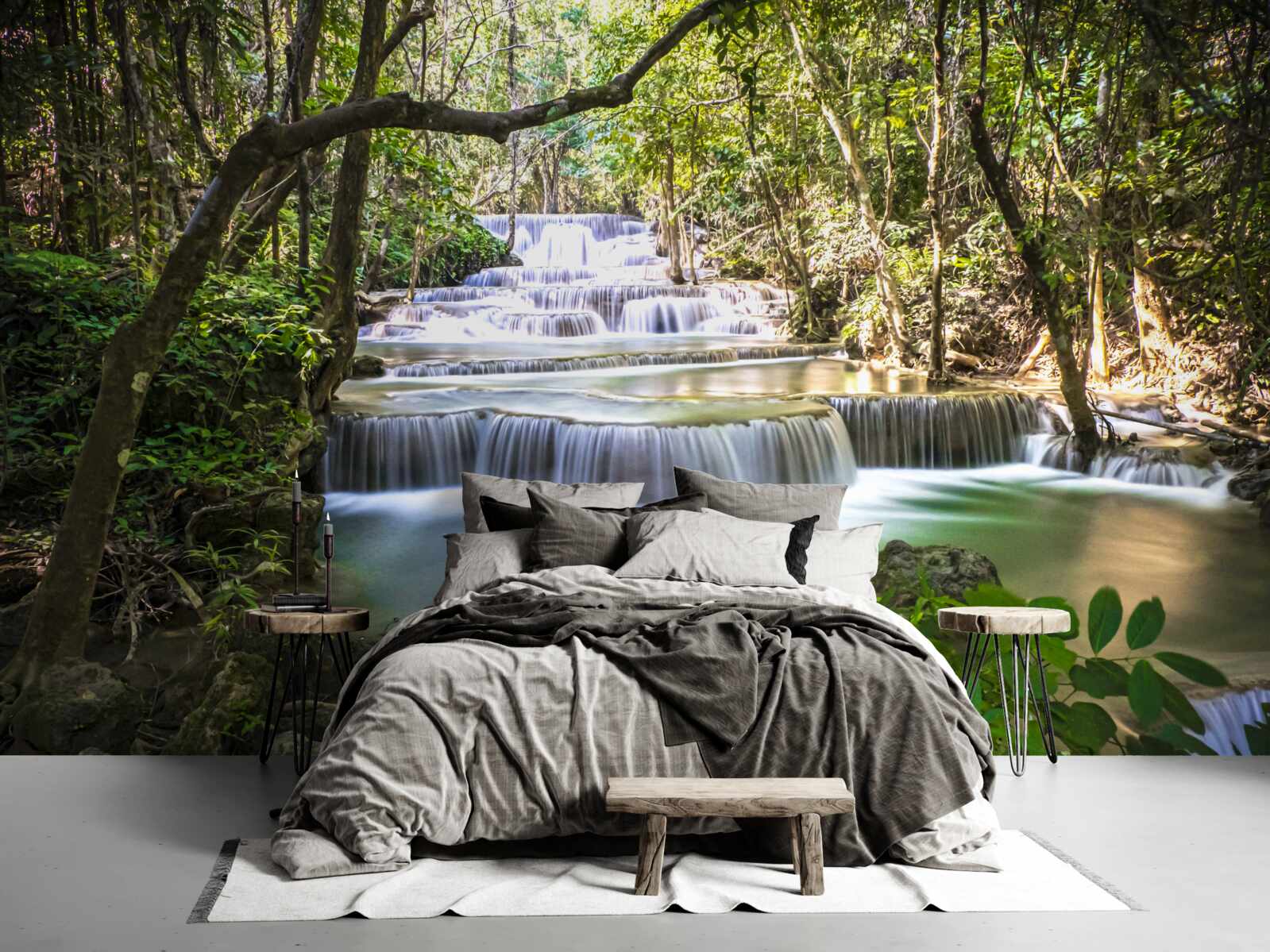 Фотошпалери лісові водоспади, що каскадом спадають на світанку