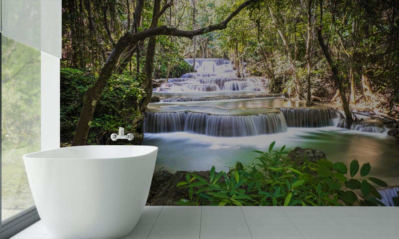 Фотошпалери лісові водоспади, що каскадом спадають на світанку