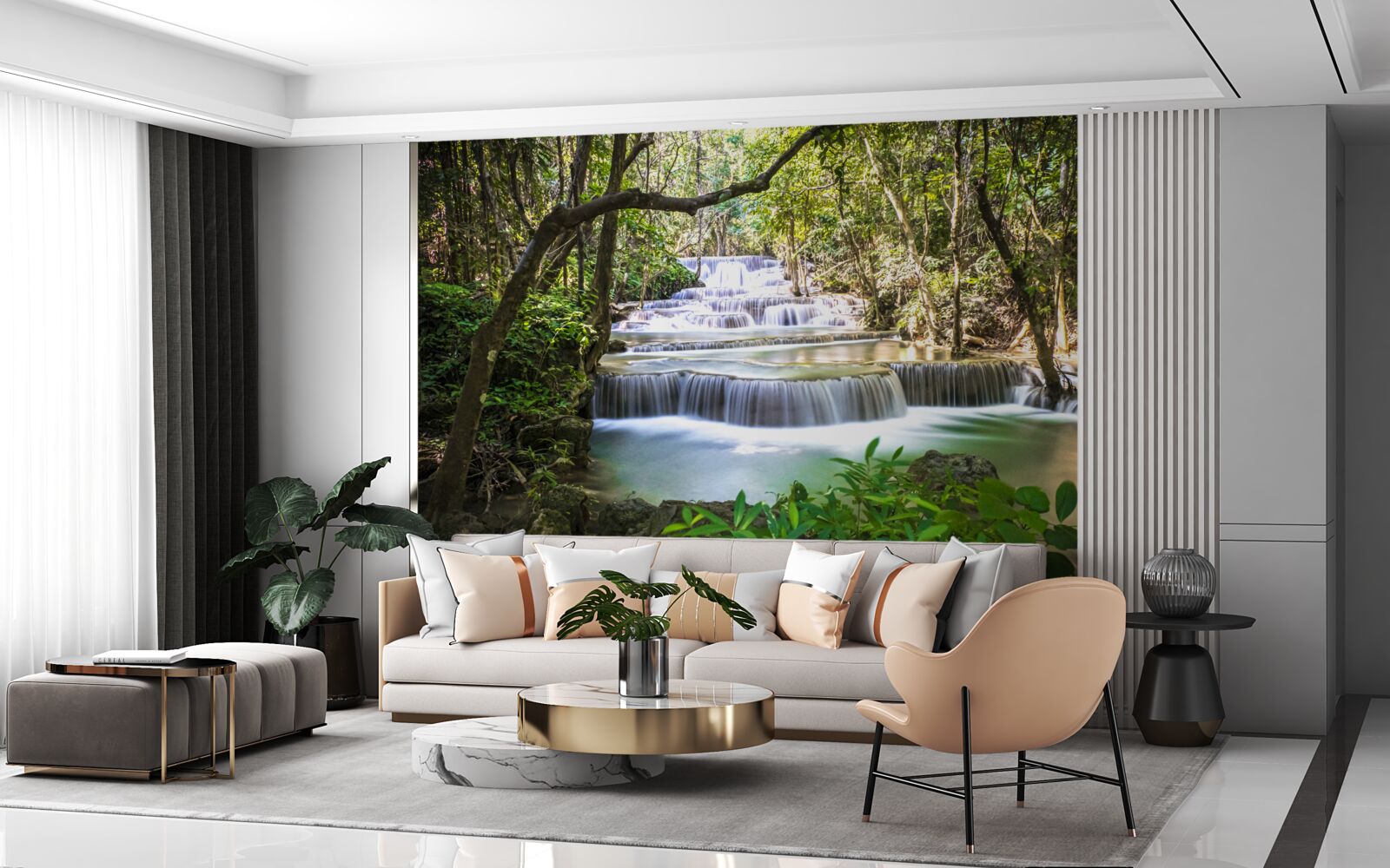 Фотошпалери лісові водоспади, що каскадом спадають на світанку