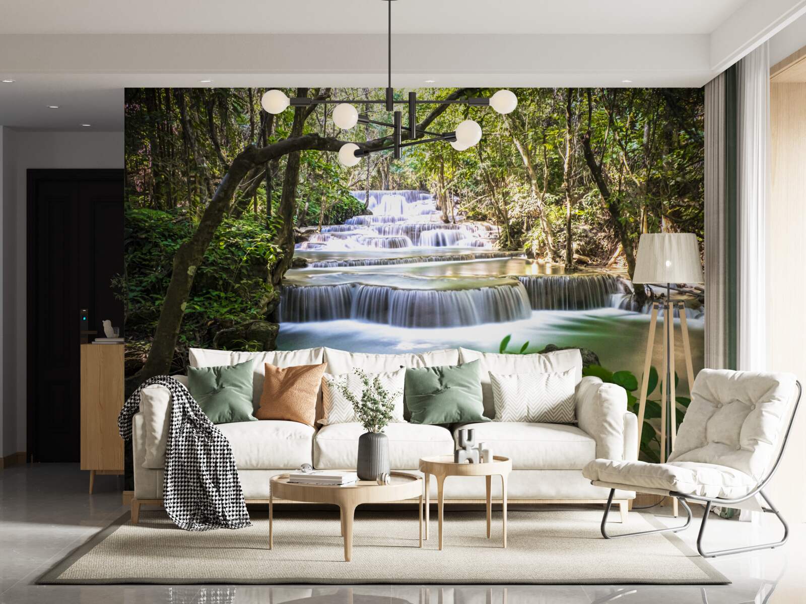 Фотошпалери лісові водоспади, що каскадом спадають на світанку