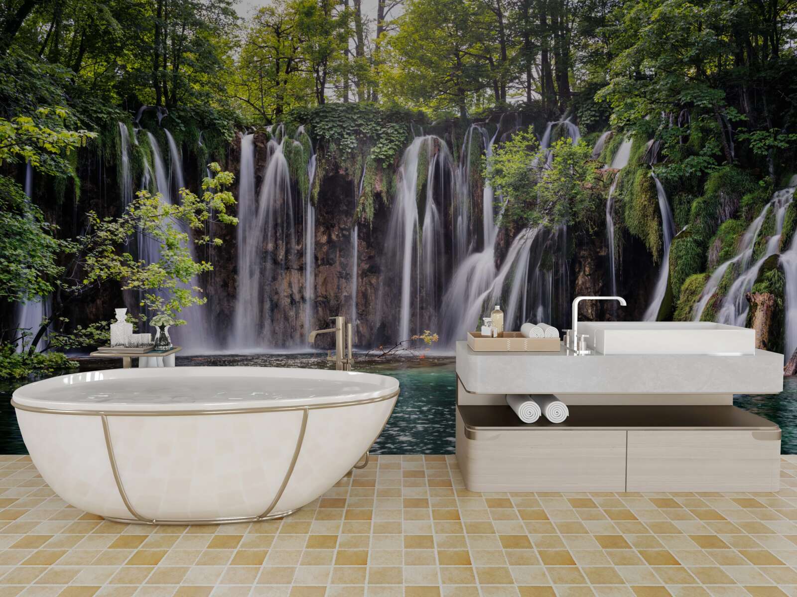 Фотошпалери водоспади, що впадають у прозоре озеро