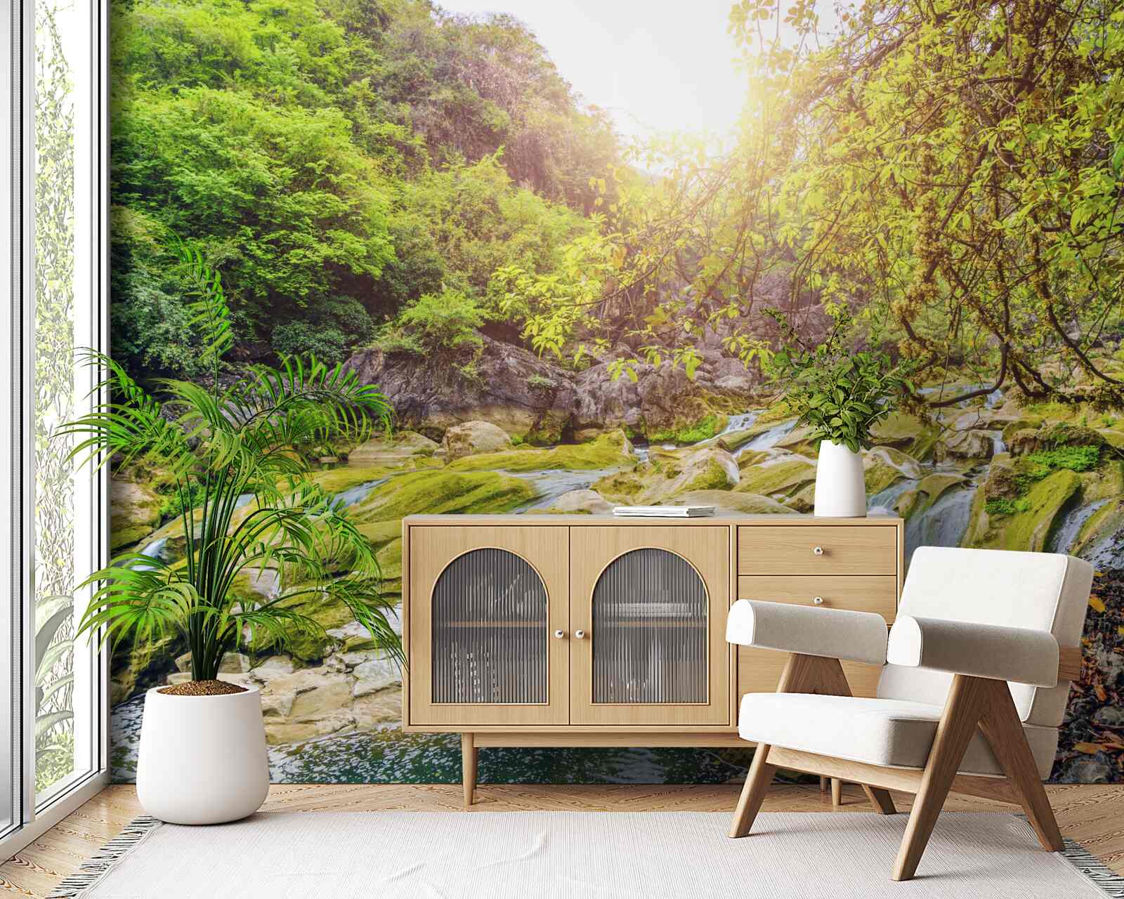 Фотошпалери схід сонця над річкою з її барвистою природою