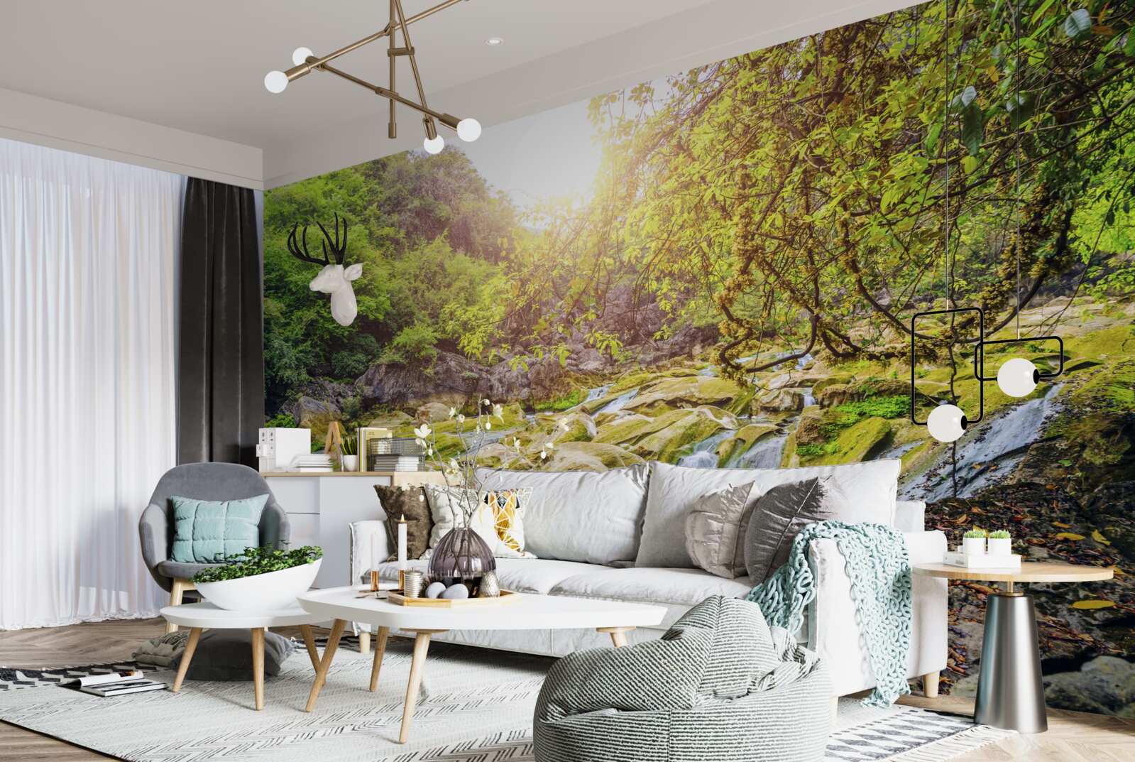 Фотошпалери схід сонця над річкою з її барвистою природою