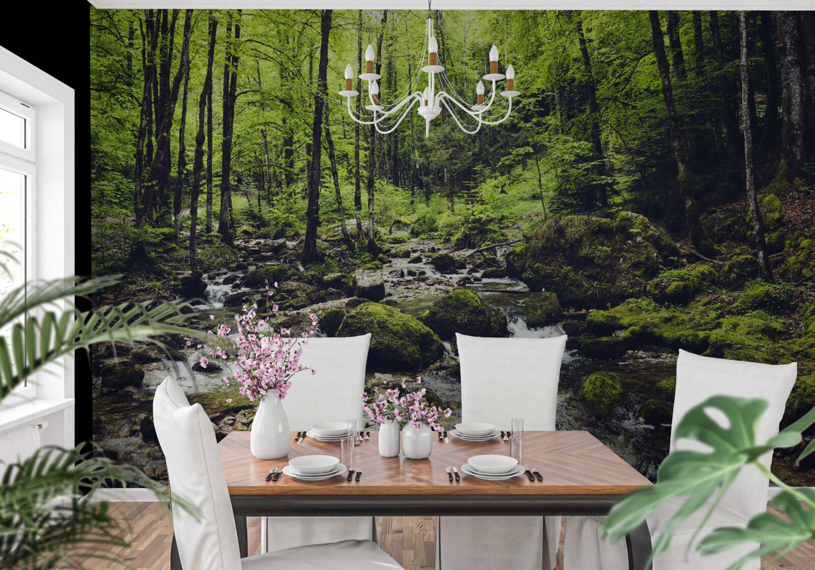 Фотошпалери водоспад у горах, оточений зеленим гаєм