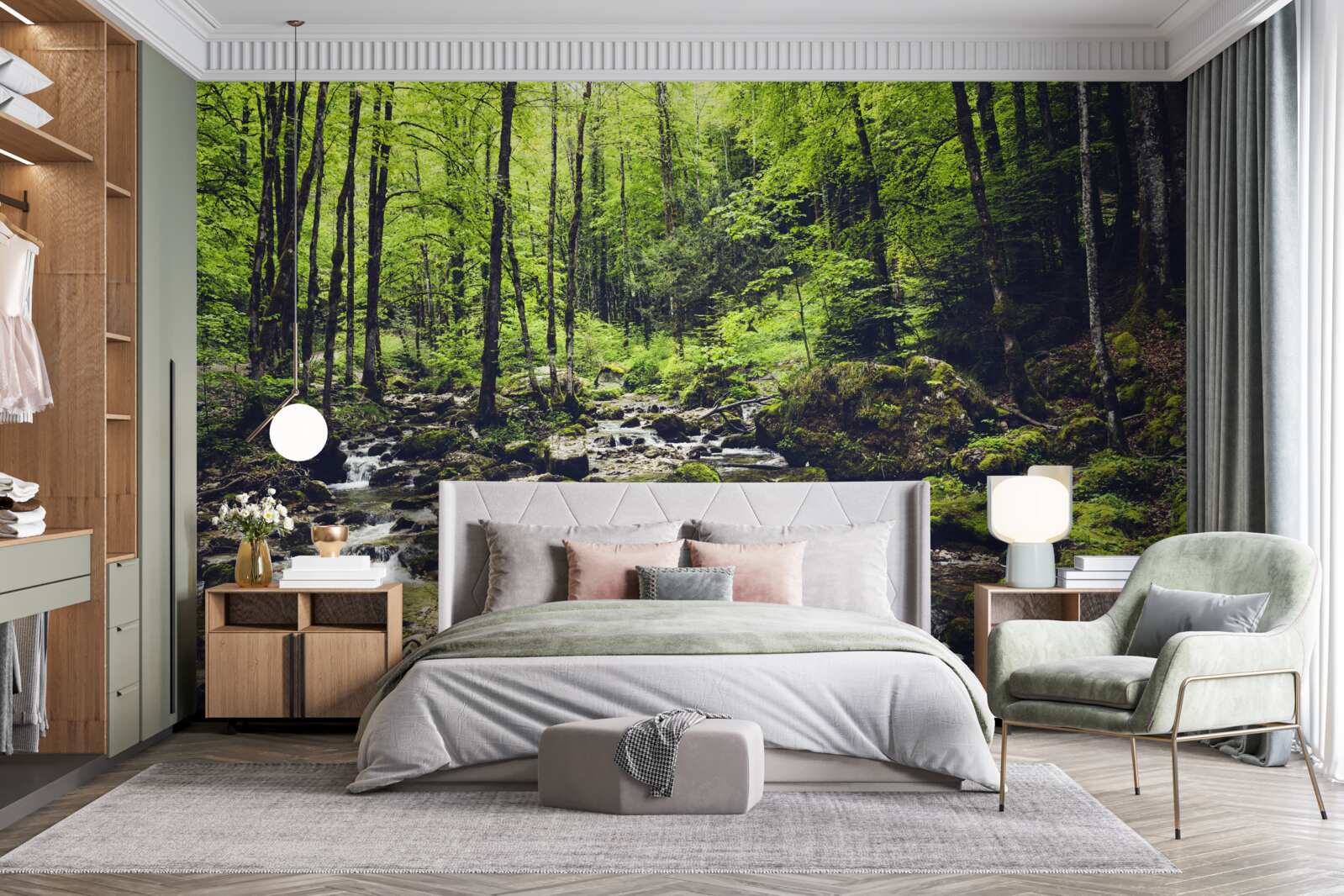 Фотошпалери водоспад у горах, оточений зеленим гаєм