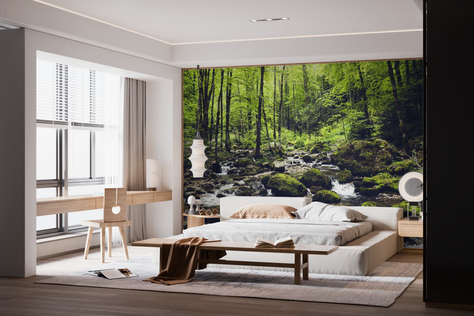 Фотошпалери водоспад у горах, оточений зеленим гаєм