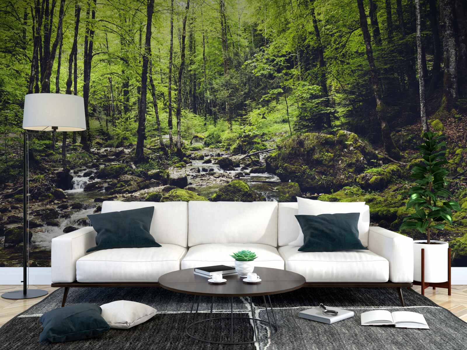 Фотошпалери водоспад у горах, оточений зеленим гаєм