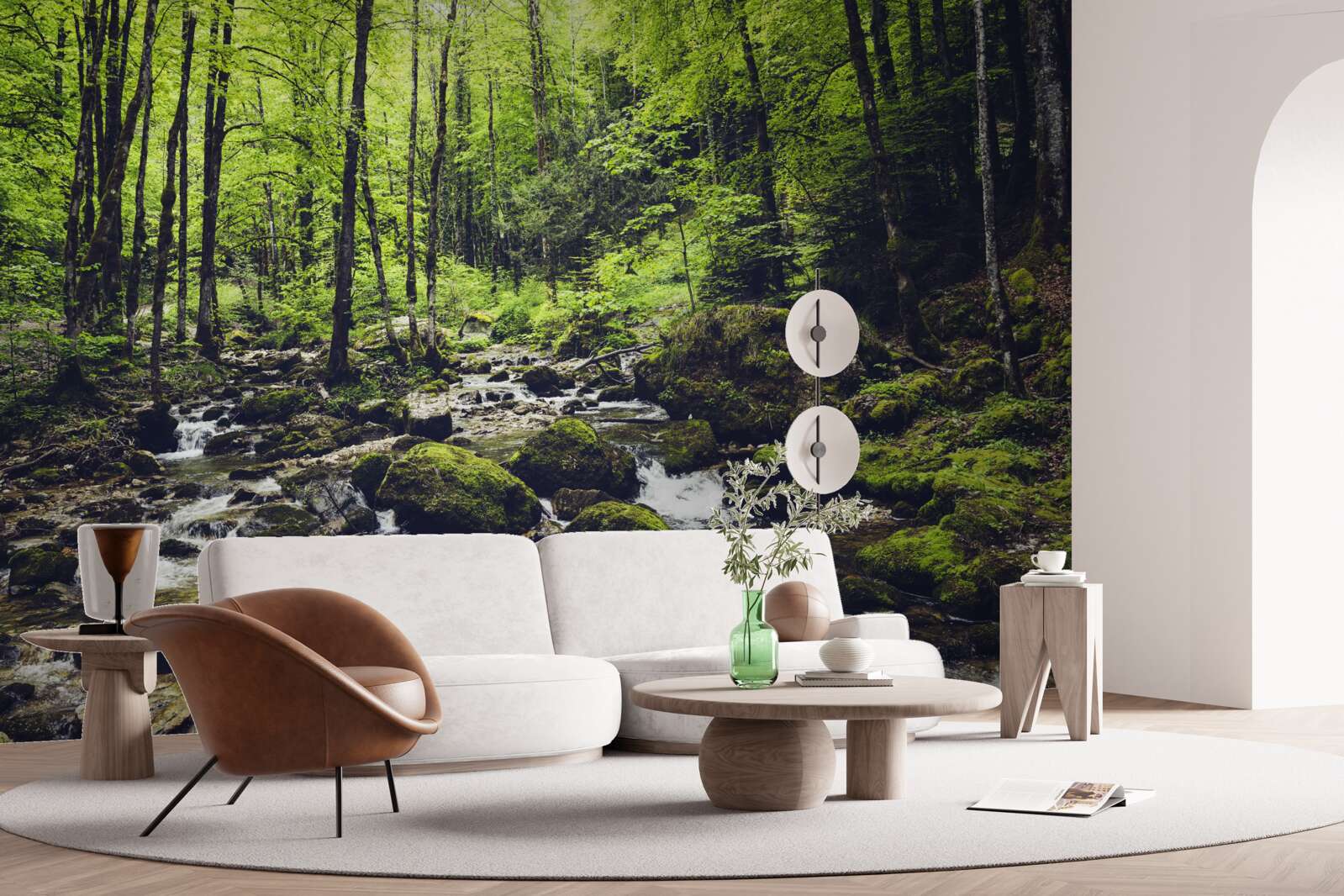 Фотошпалери водоспад у горах, оточений зеленим гаєм