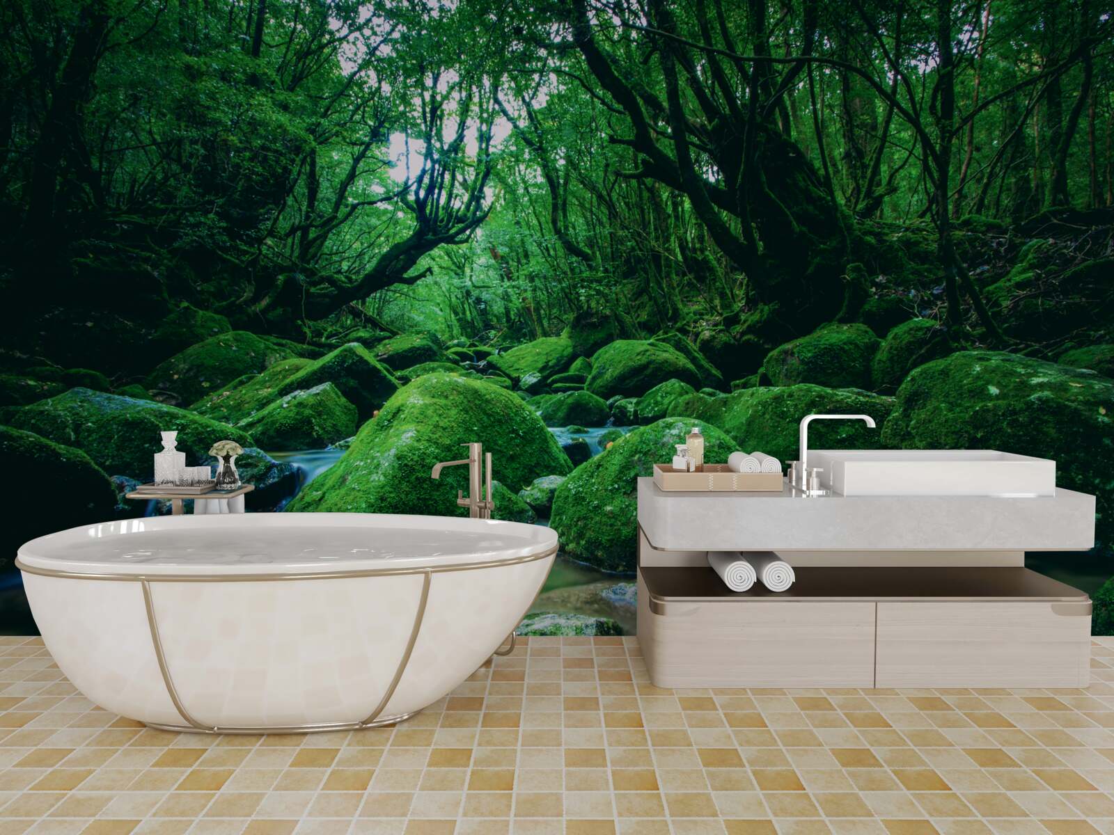 Фотошпалери ліс поринув у сон біля підніжжя водоспаду