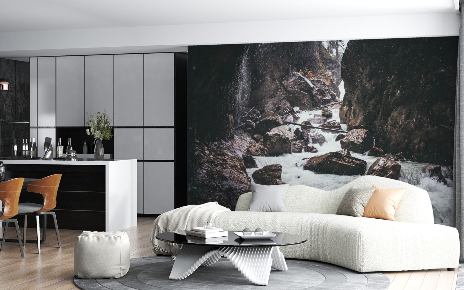 Фотошпалери серед скель - величний гірський водоспад