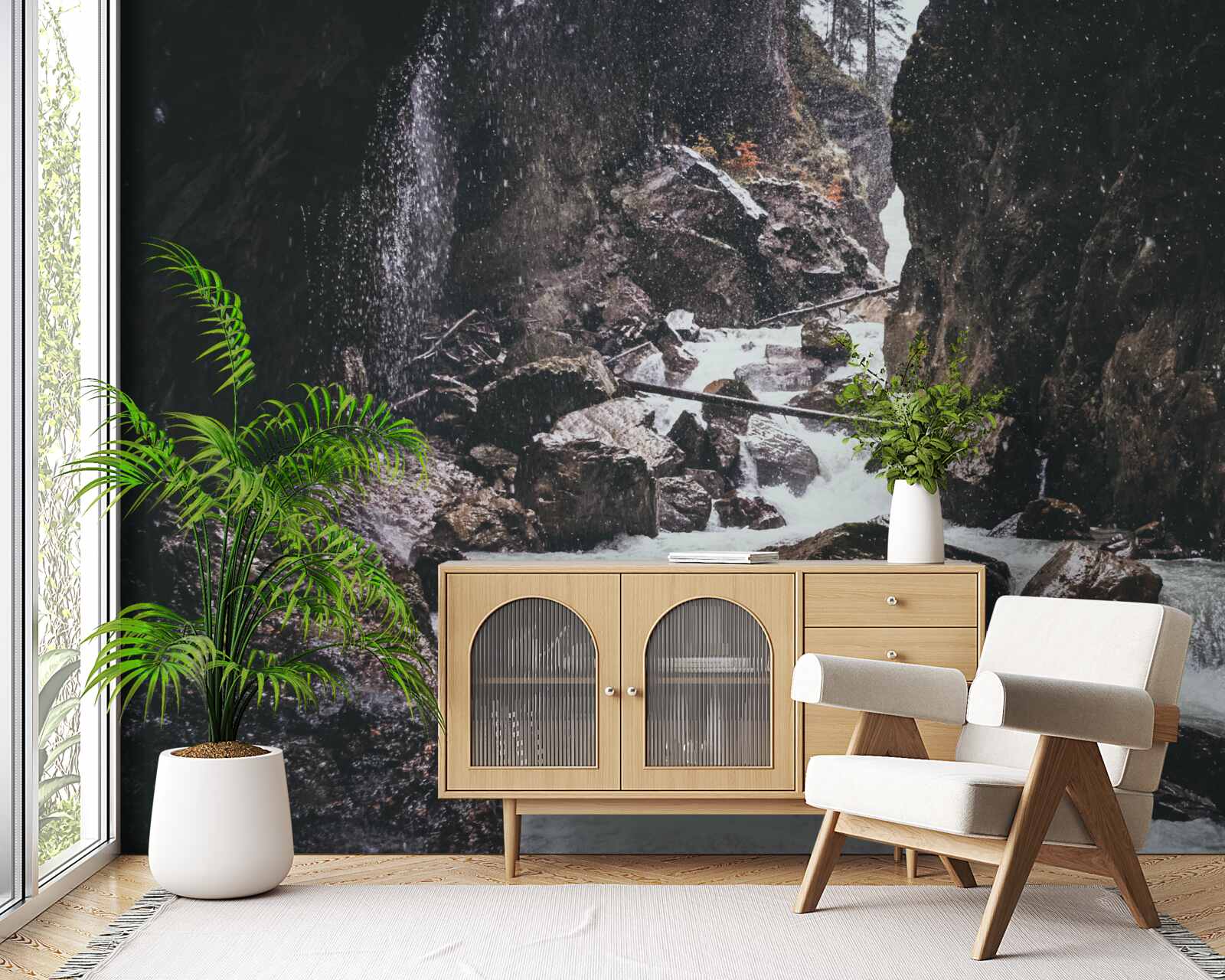 Фотошпалери серед скель - величний гірський водоспад