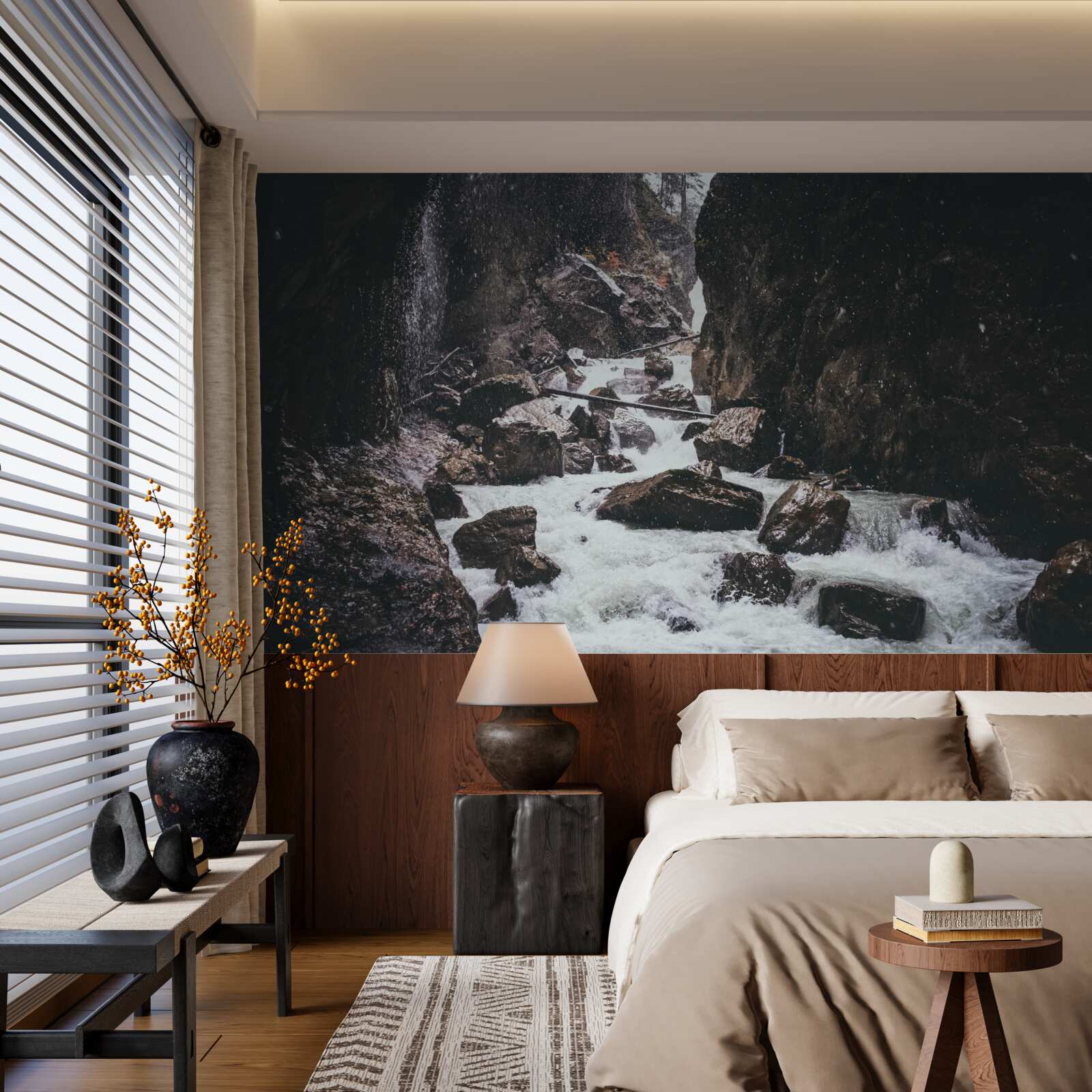 Фотошпалери серед скель - величний гірський водоспад