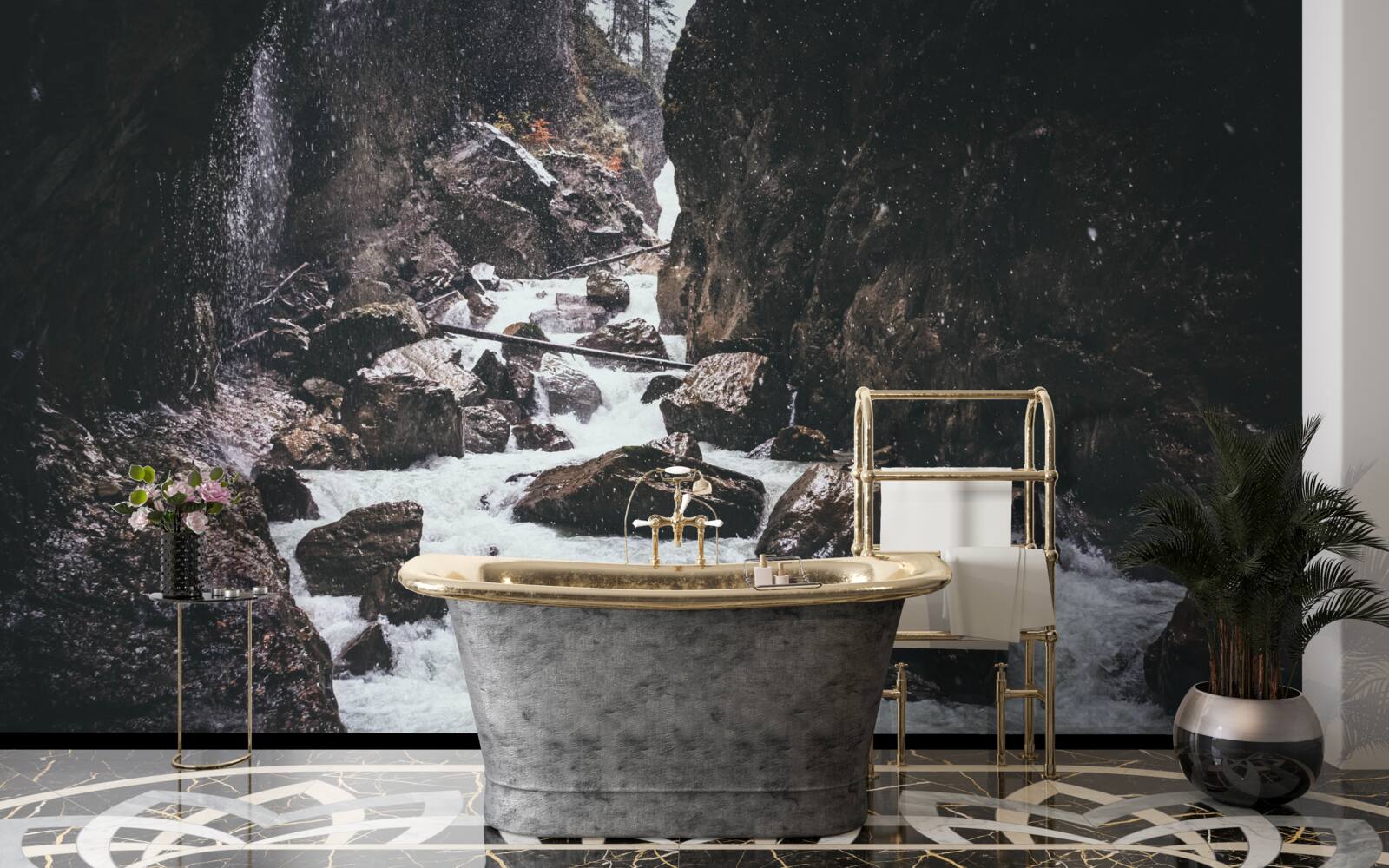 Фотошпалери серед скель - величний гірський водоспад