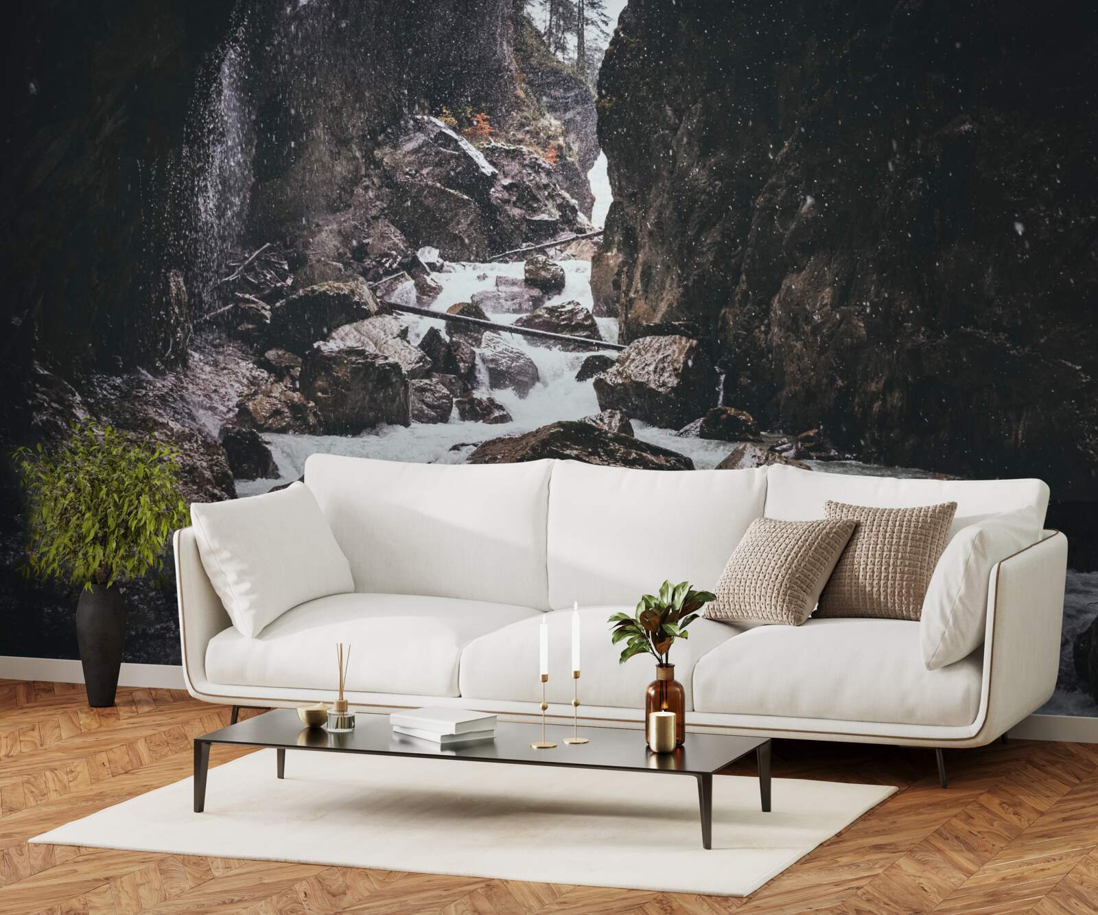 Фотошпалери серед скель - величний гірський водоспад