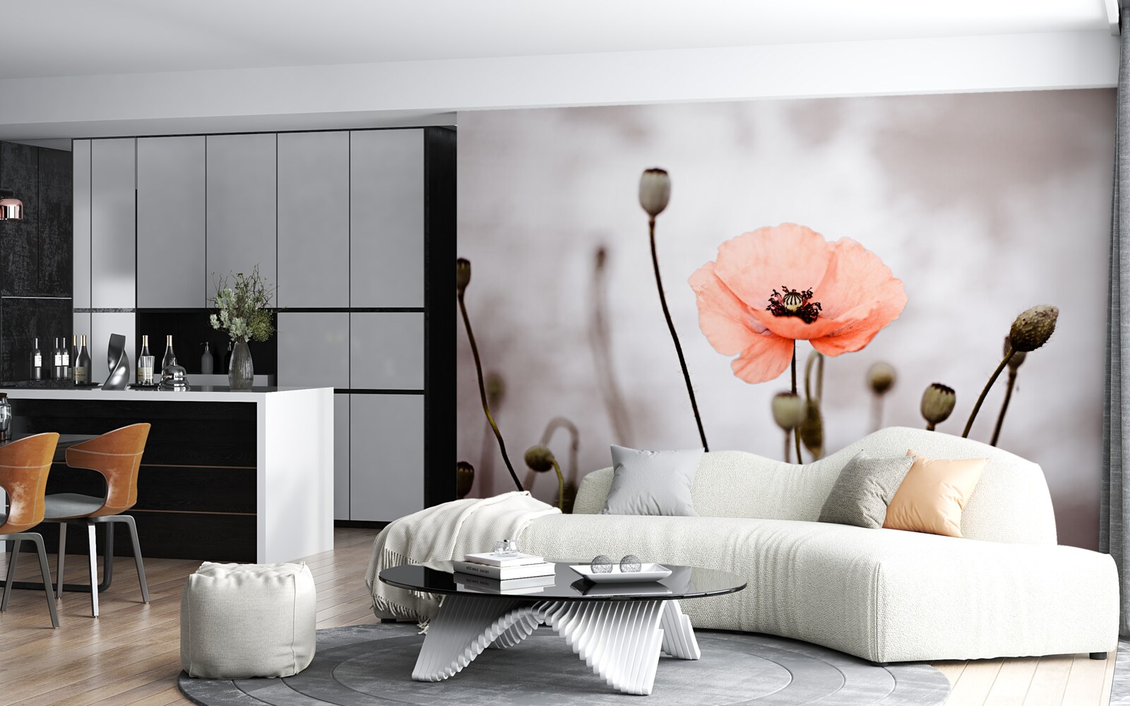 Фотошпалери самотній мак, що розкривається у всій своїй рожевій пишноті