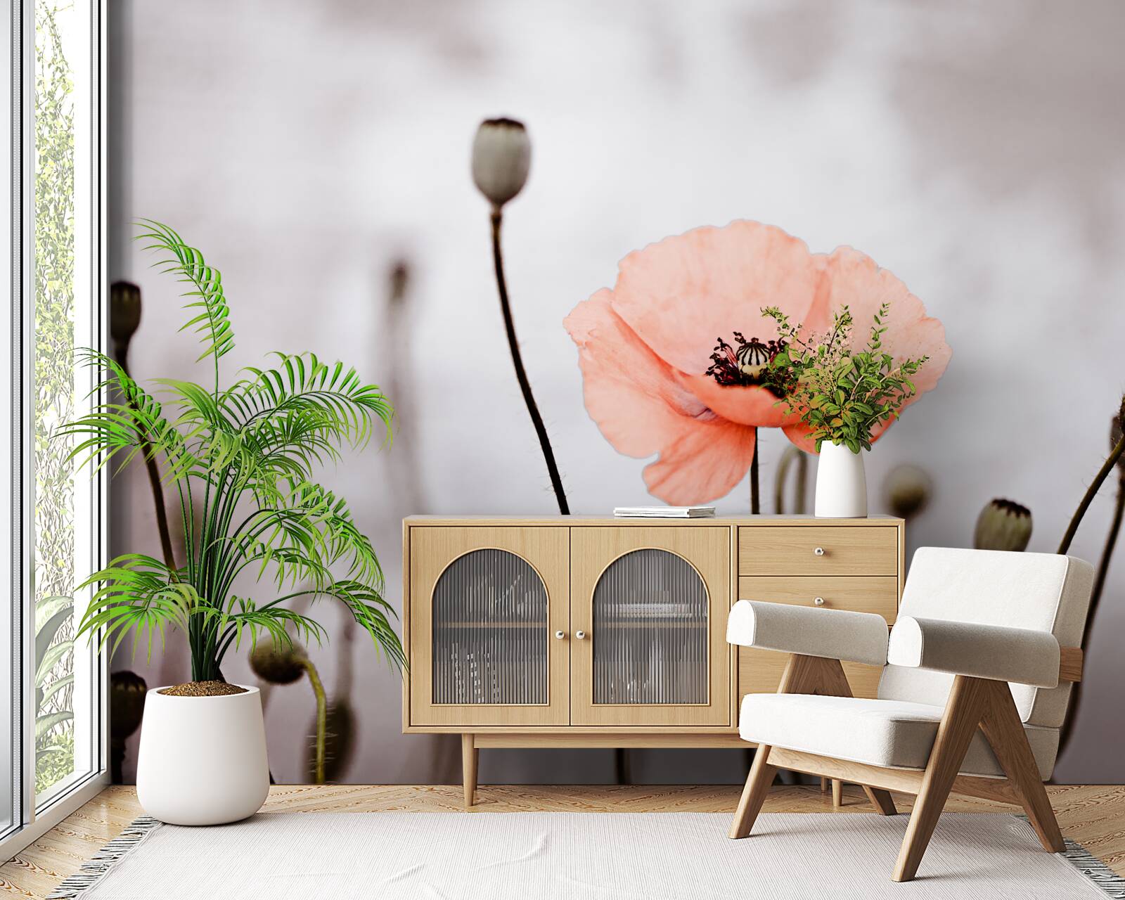 Фотошпалери самотній мак, що розкривається у всій своїй рожевій пишноті