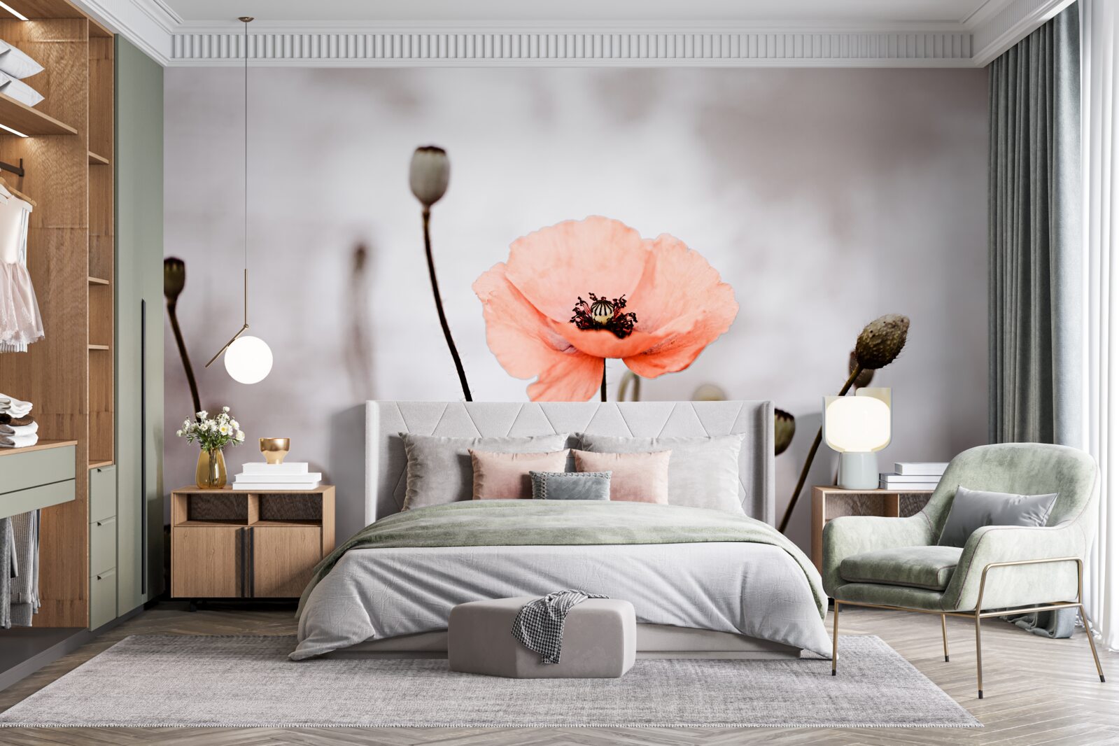 Фотошпалери самотній мак, що розкривається у всій своїй рожевій пишноті