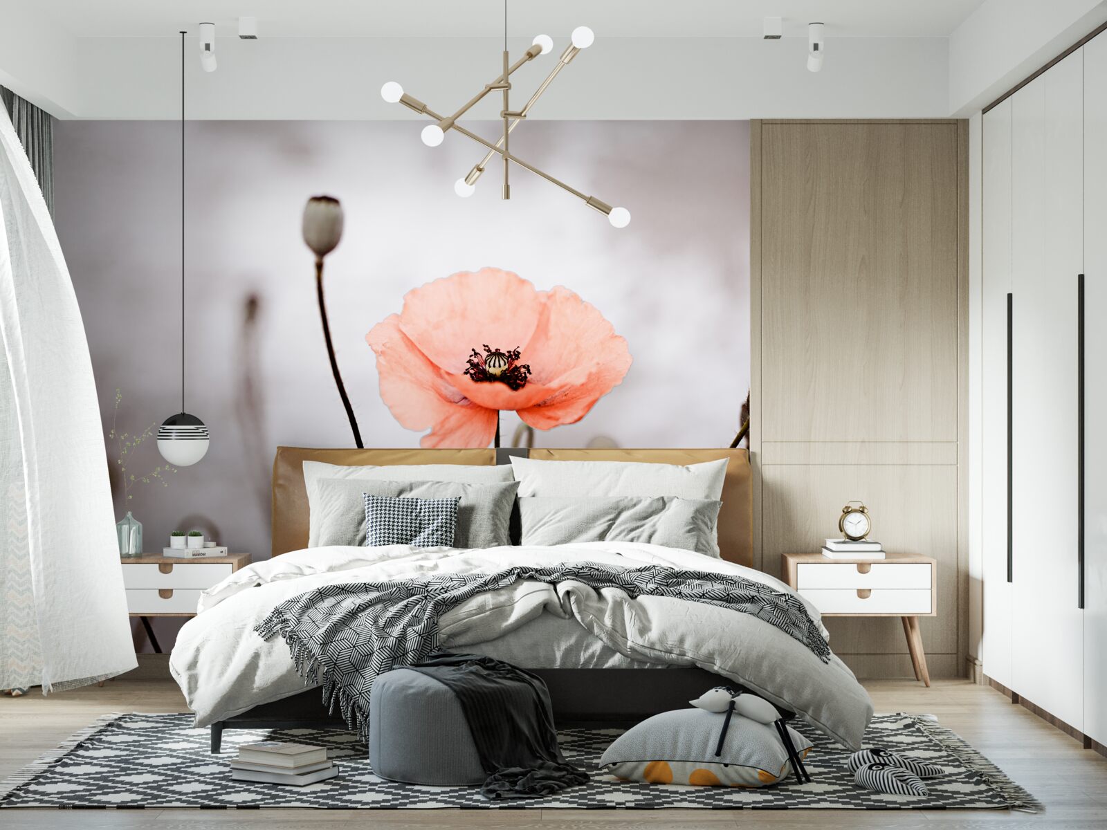 Фотошпалери самотній мак, що розкривається у всій своїй рожевій пишноті