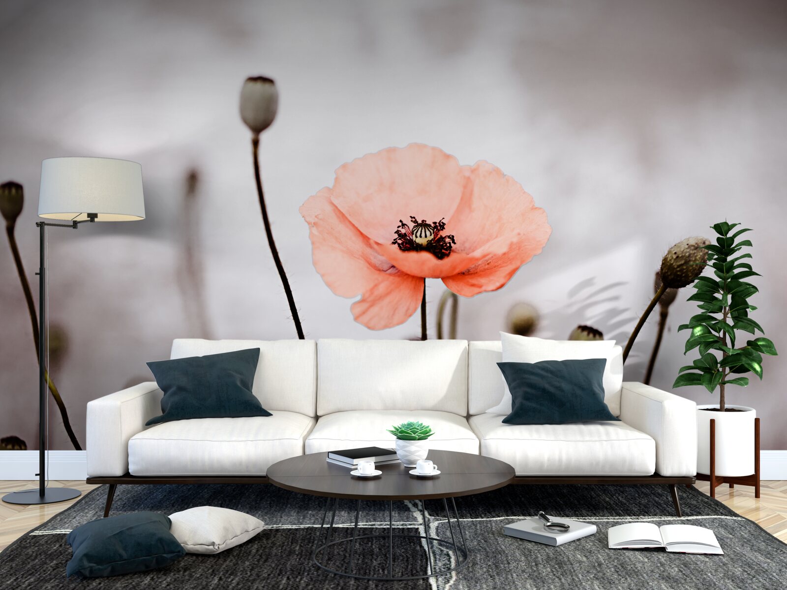 Фотошпалери самотній мак, що розкривається у всій своїй рожевій пишноті