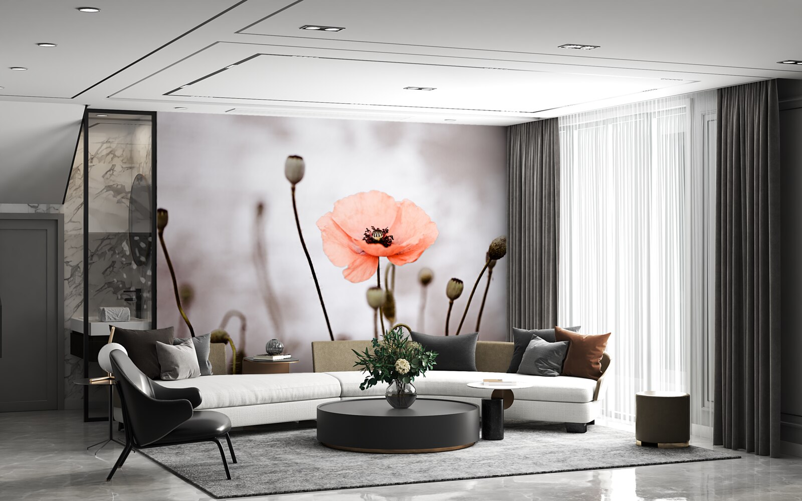 Фотошпалери самотній мак, що розкривається у всій своїй рожевій пишноті