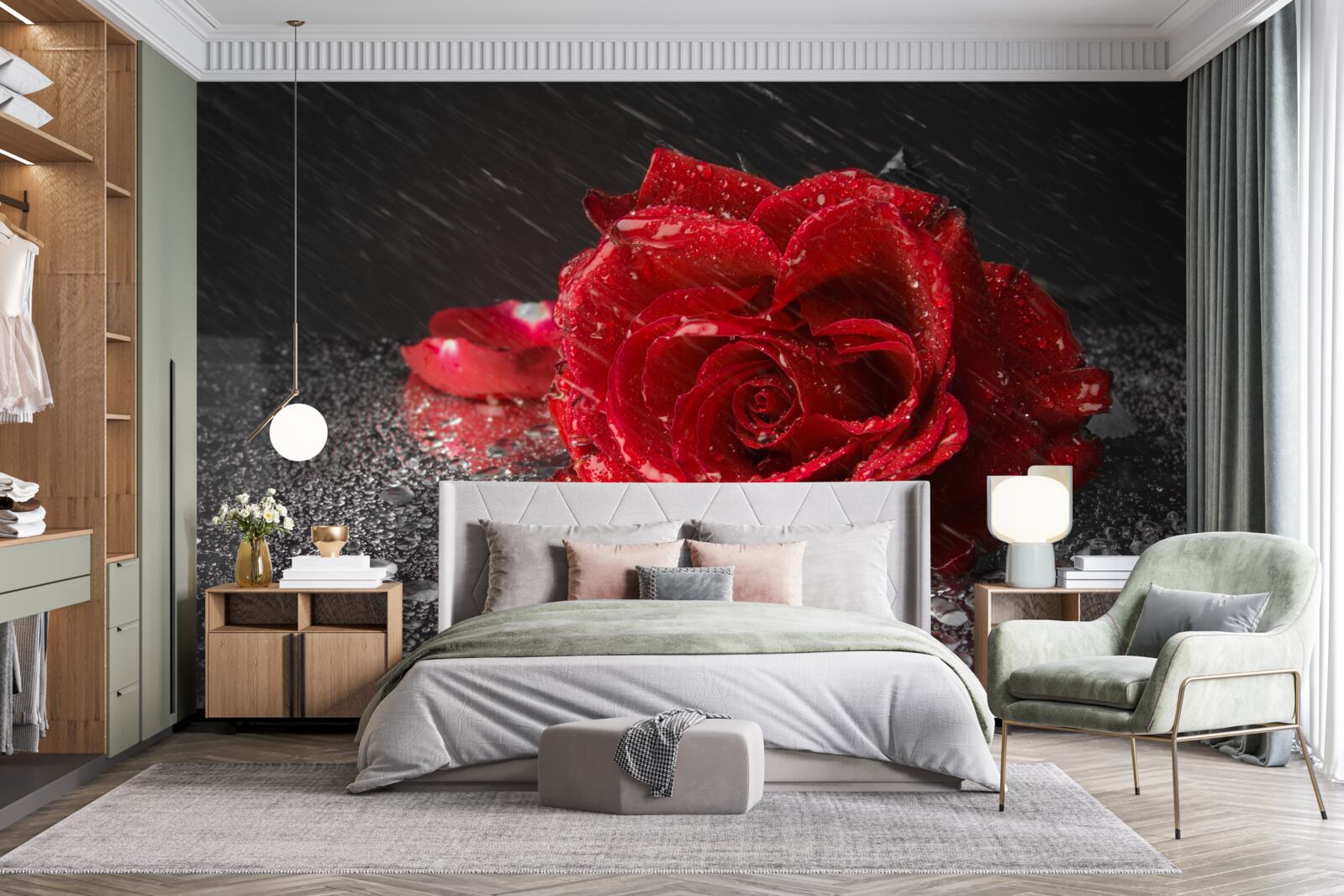 Фотошпалери троянда під дощем, червона, як кров