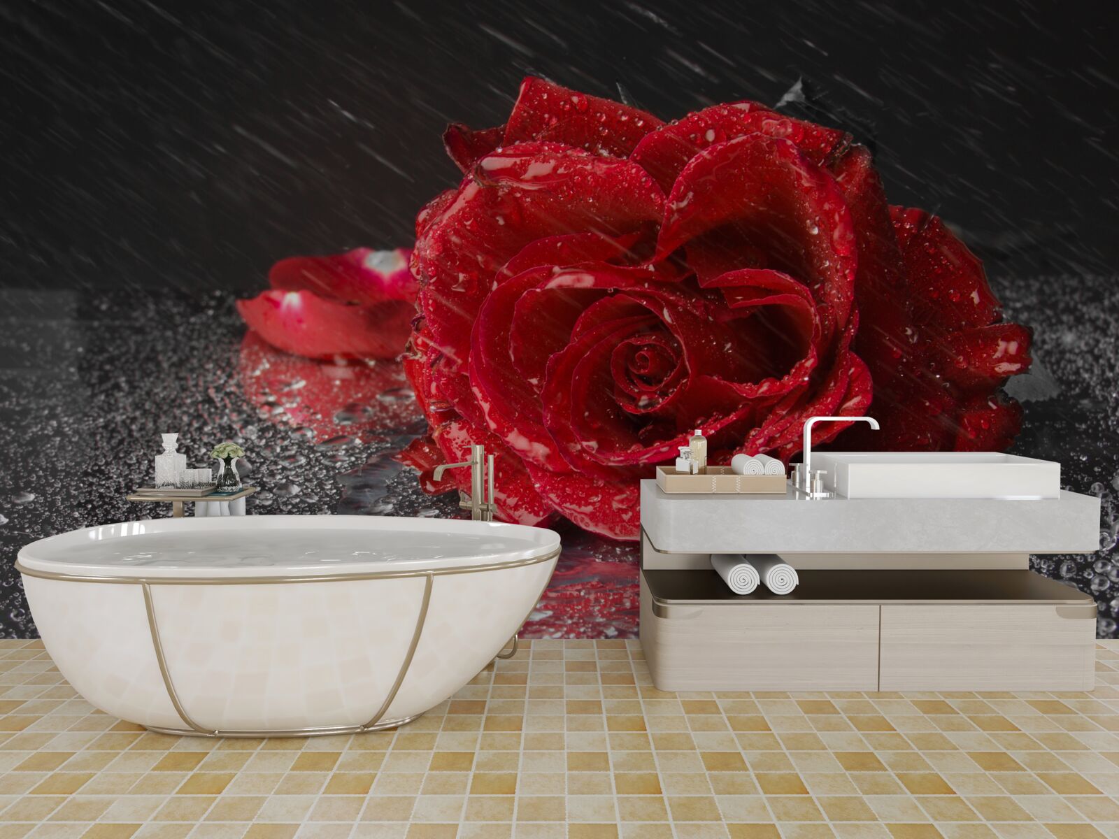 Фотошпалери троянда під дощем, червона, як кров