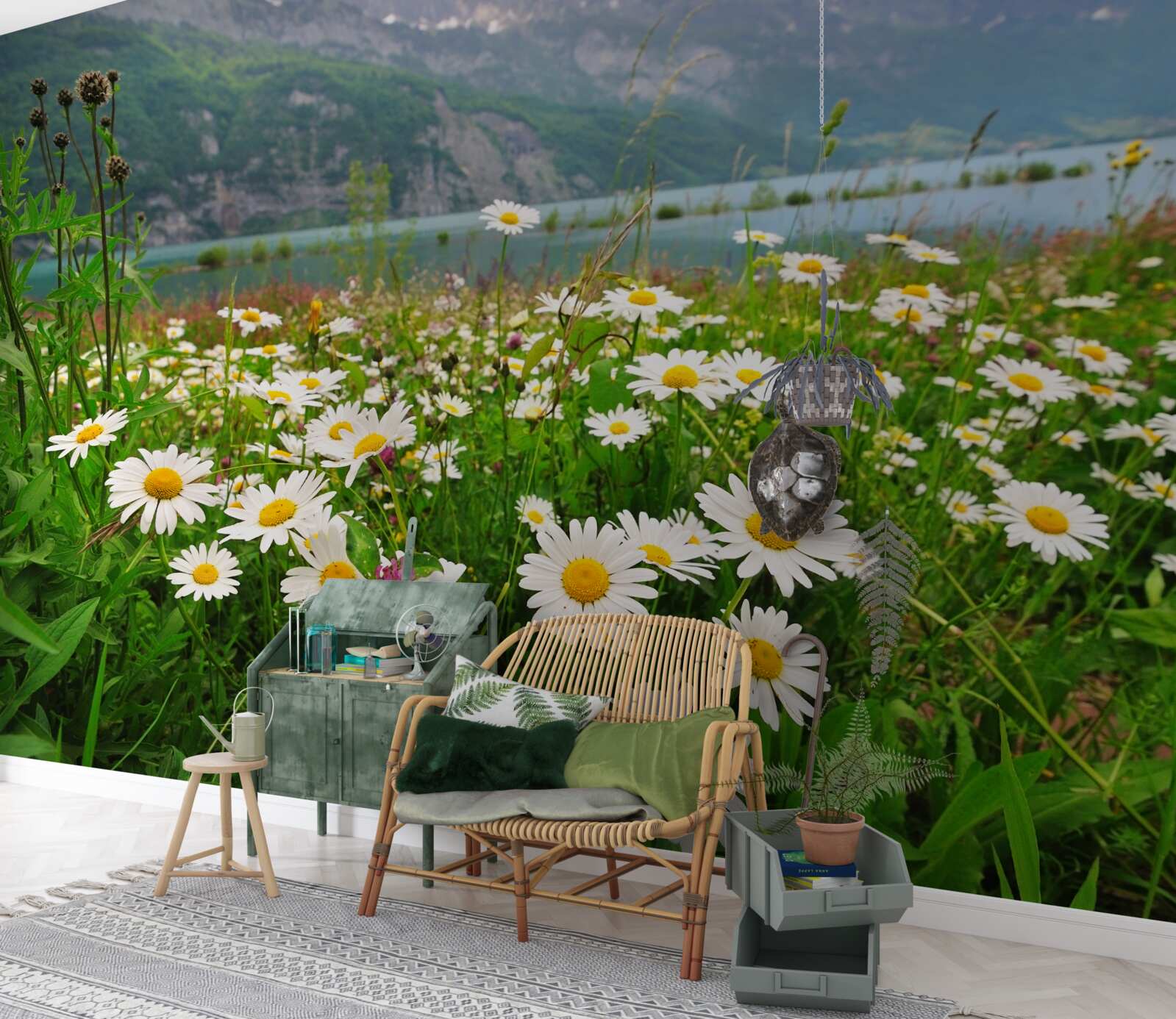 Фотошпалери пейзаж з ромашковим полем біля підніжжя гір