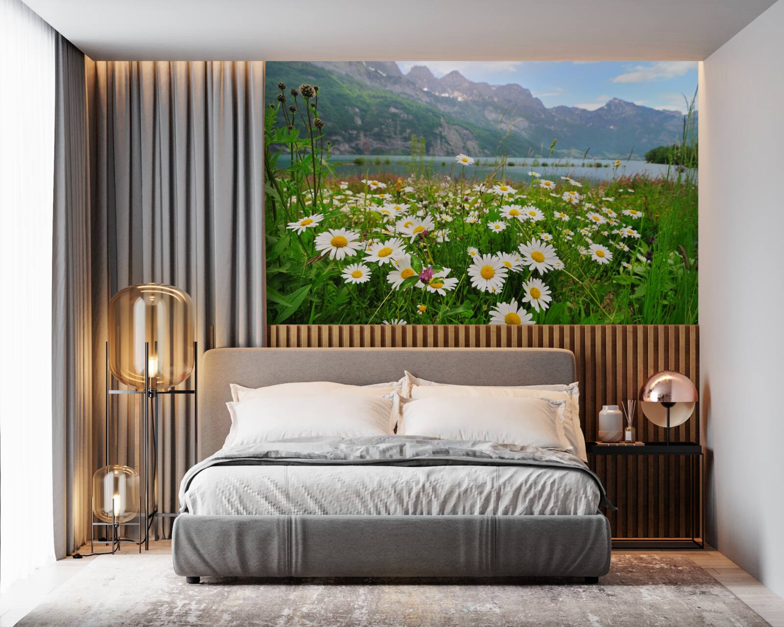 Фотошпалери пейзаж з ромашковим полем біля підніжжя гір