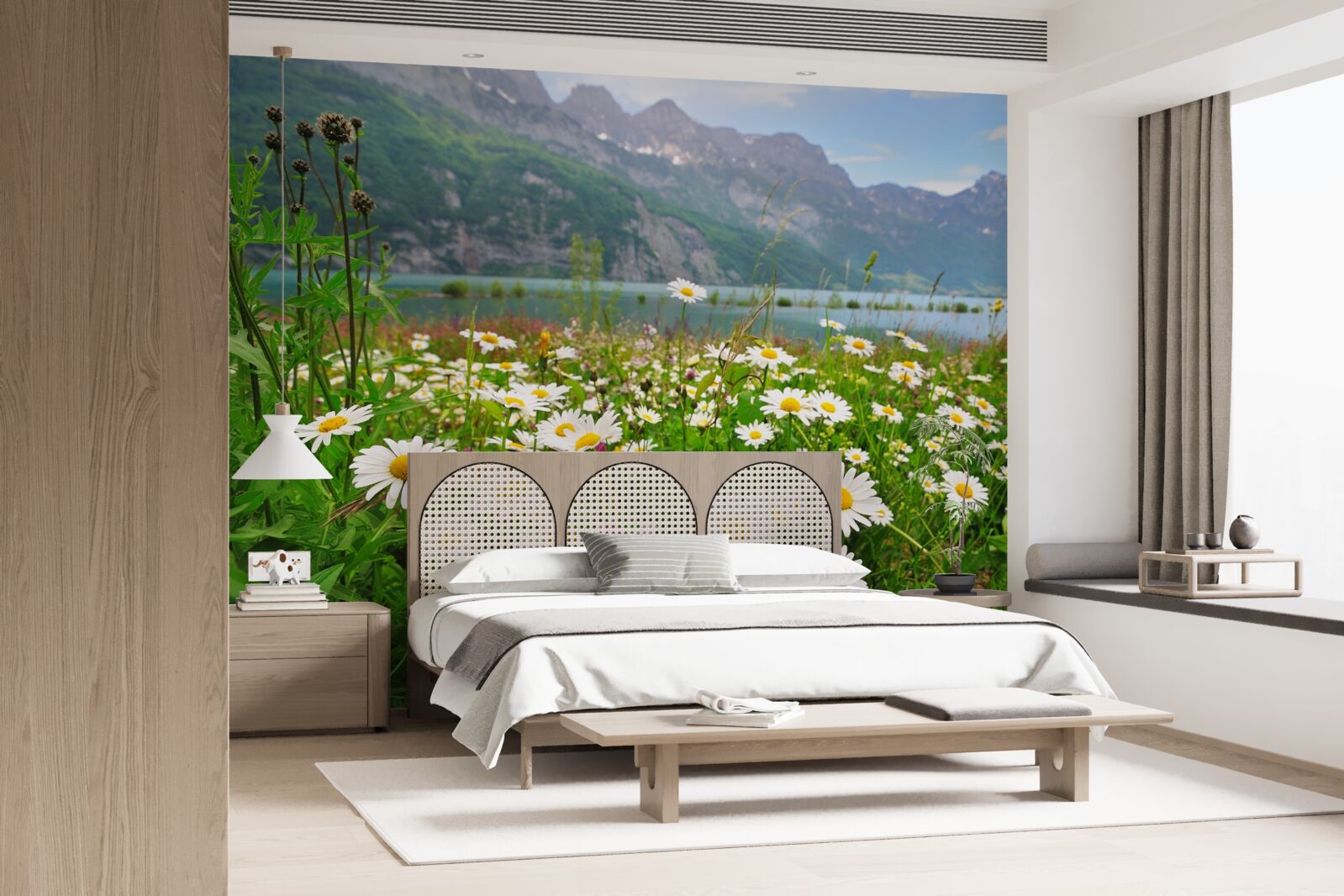 Фотошпалери пейзаж з ромашковим полем біля підніжжя гір